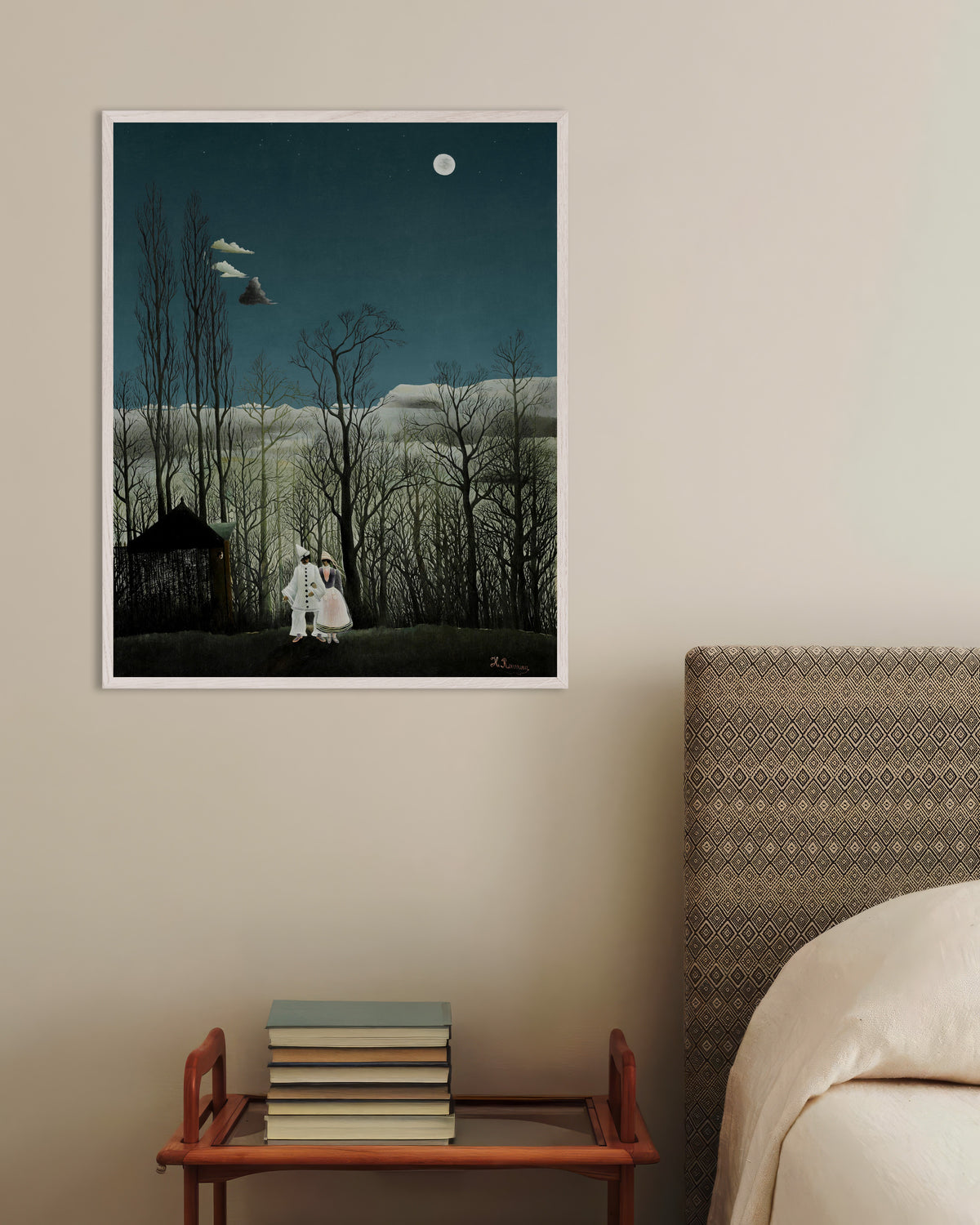 Poster med Henri Rousseau – En karnevalsaften (detalje), med hvid træramme