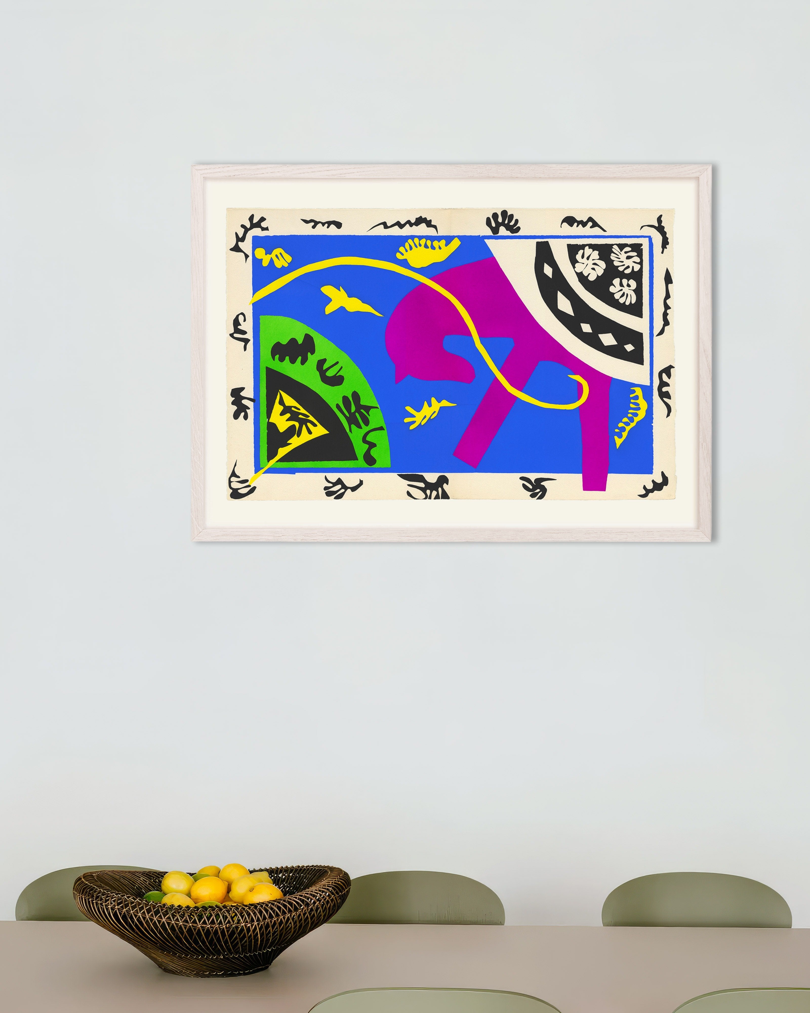 Poster of Horse, Rider, and Clown (1954) by Henri Matisse, with white wooden frame