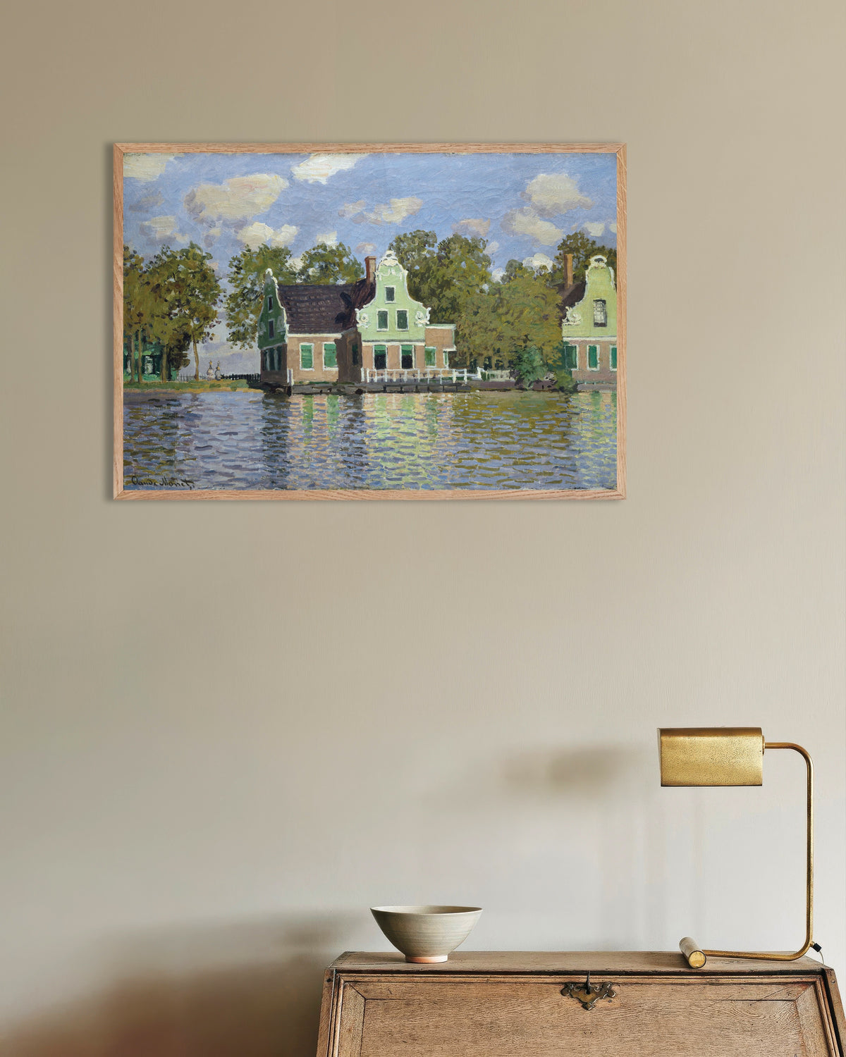 Plakat Huse ved bredden af Zaan (1871) af Claude Monet med ramme i naturtræ