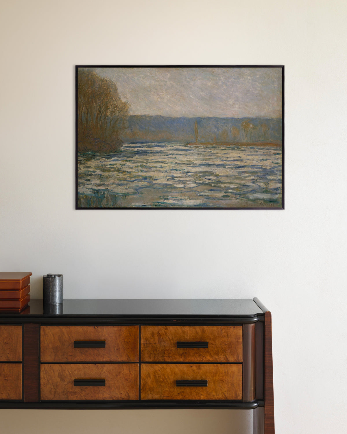 Plakat Islæg bryder op på Seinen ved Bennecourt (1893) af Claude Monet med metalramme