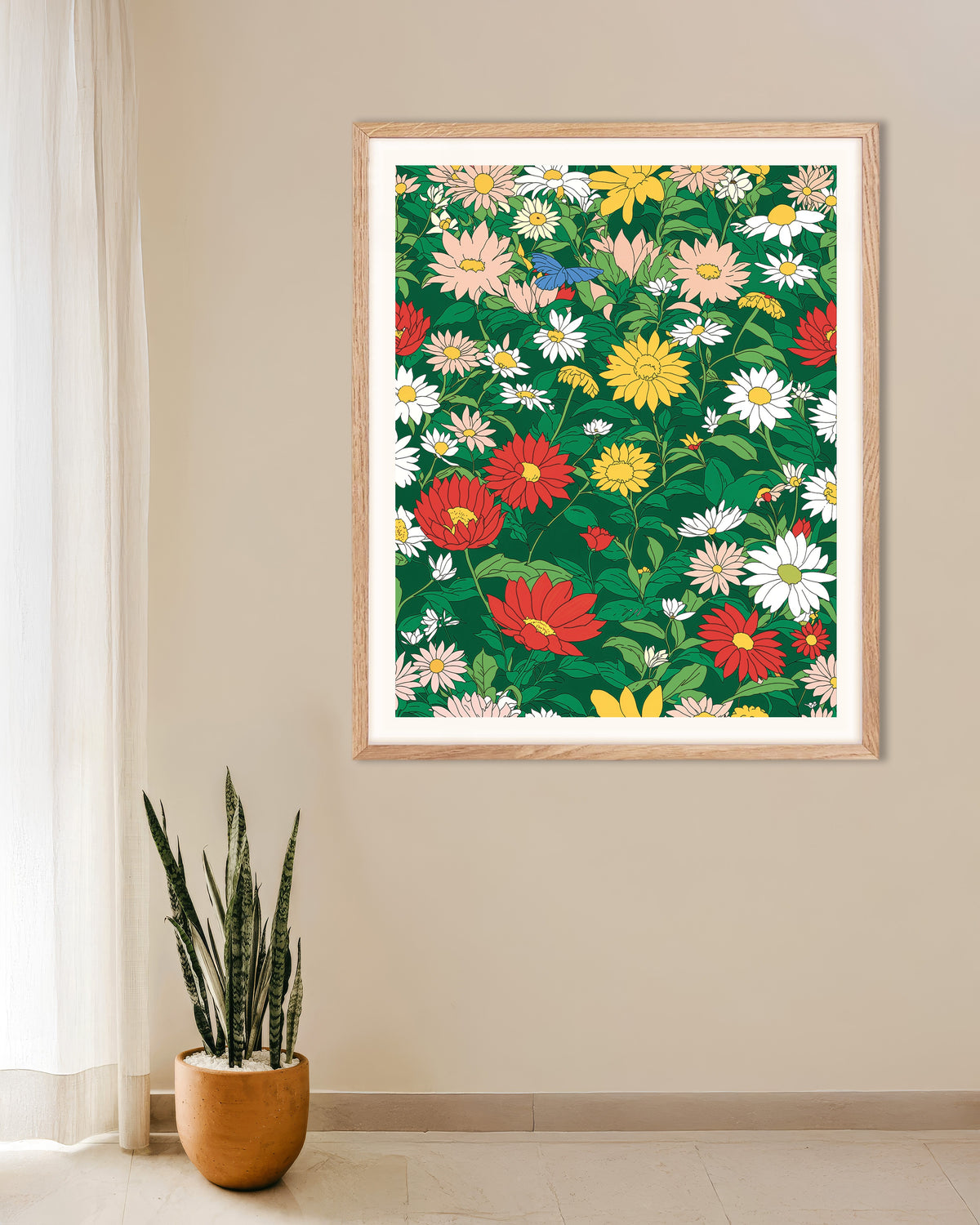 Plakat med Japansk animationsstudie, Blomst, med ramme i naturtræ