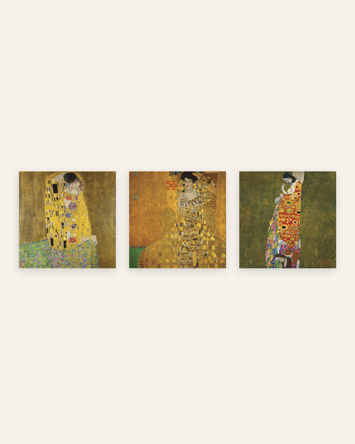Klimt-plakater, sæt med 3: Kysset, Adele Bloch-Bauer I og Håbet II, uden ramme