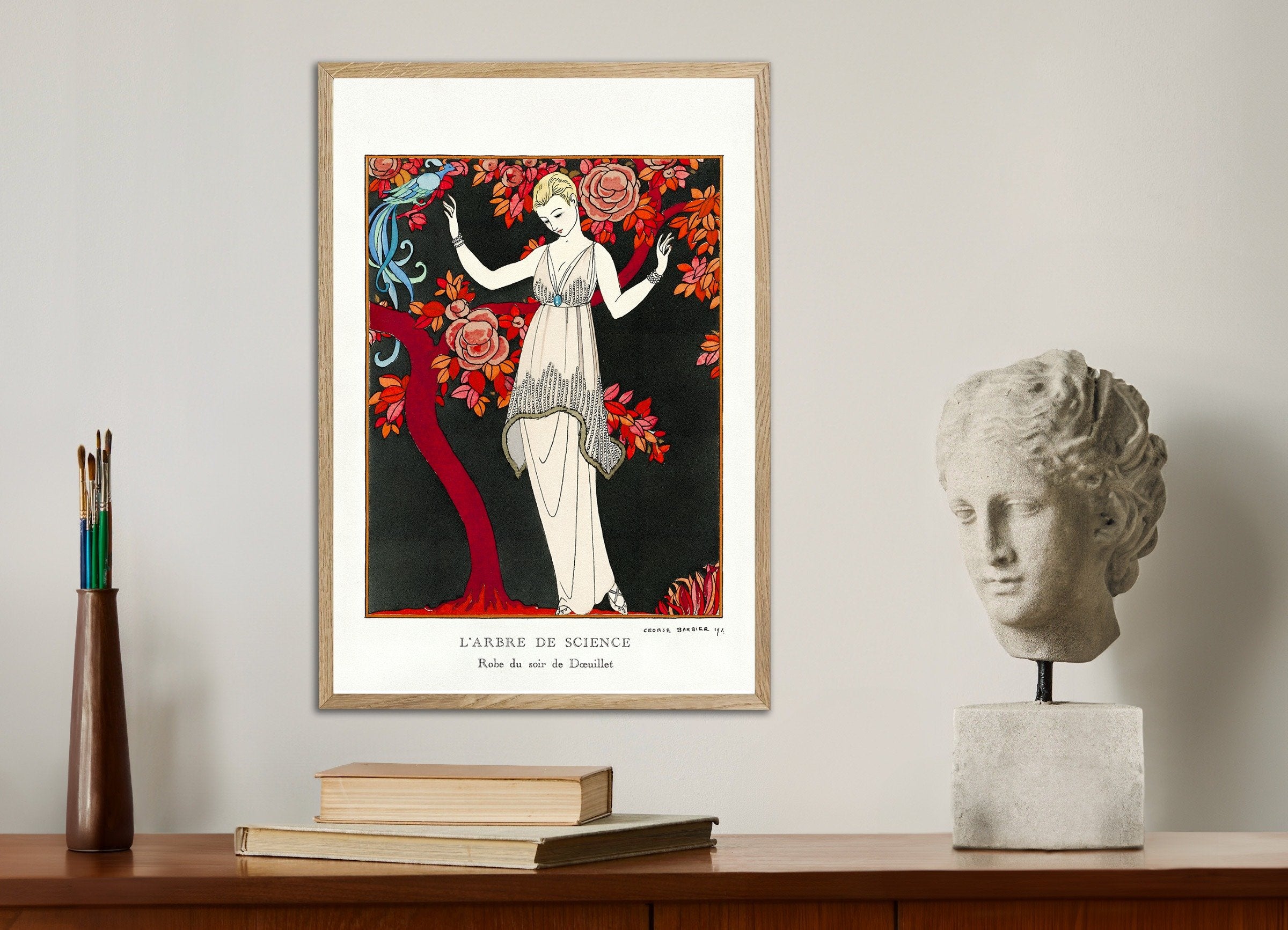 Poster of "L'Arbre de Science" by Georges Barbier (1914) - Art Deco, with natural wooden frame