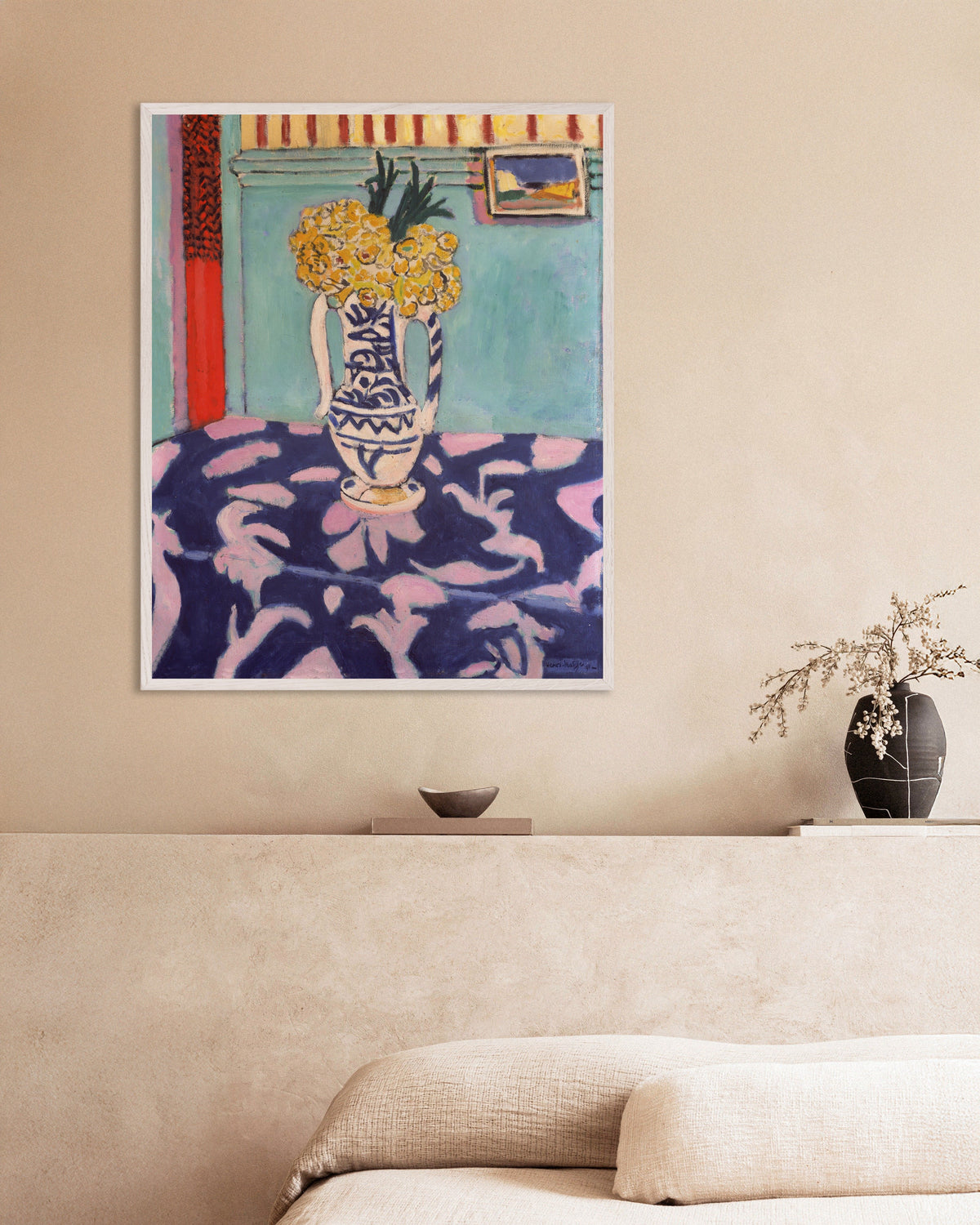 Plakat med Les coucous, tapis bleu et rose (1911) af Henri Matisse, med hvid træramme