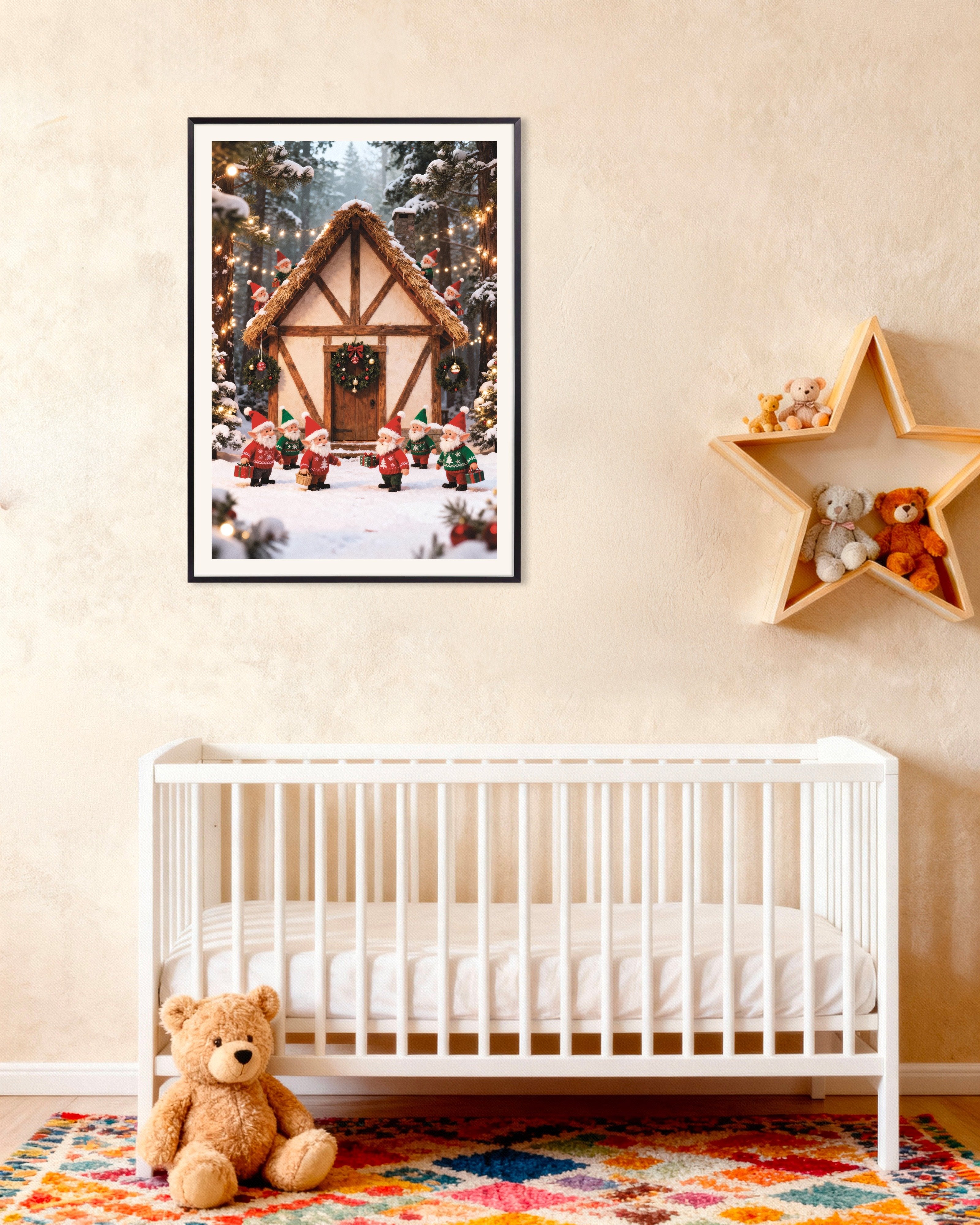 Poster of Little elves in the snowy forest poster, with metal frame