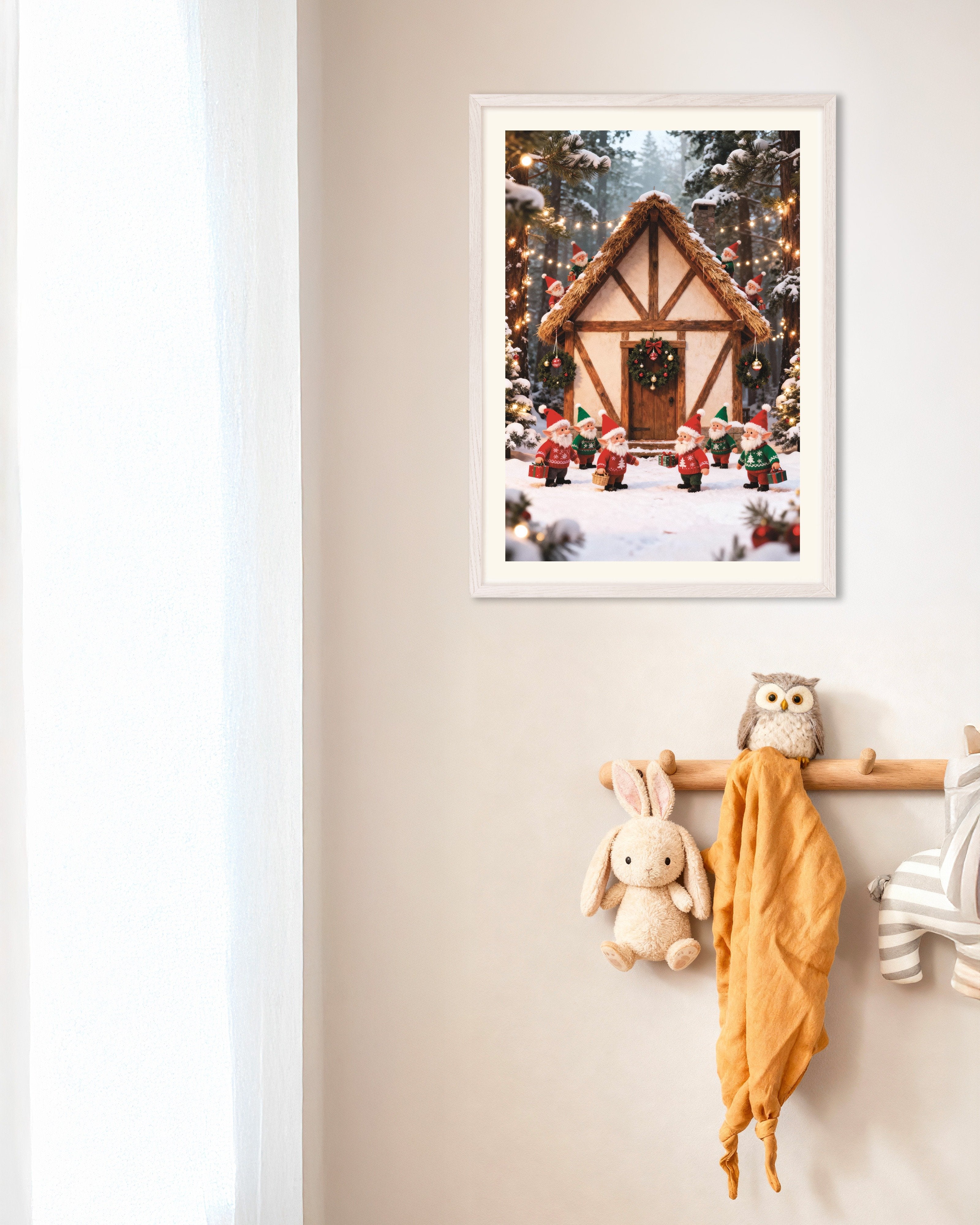 Poster of Little elves in the snowy forest poster, with white wooden frame