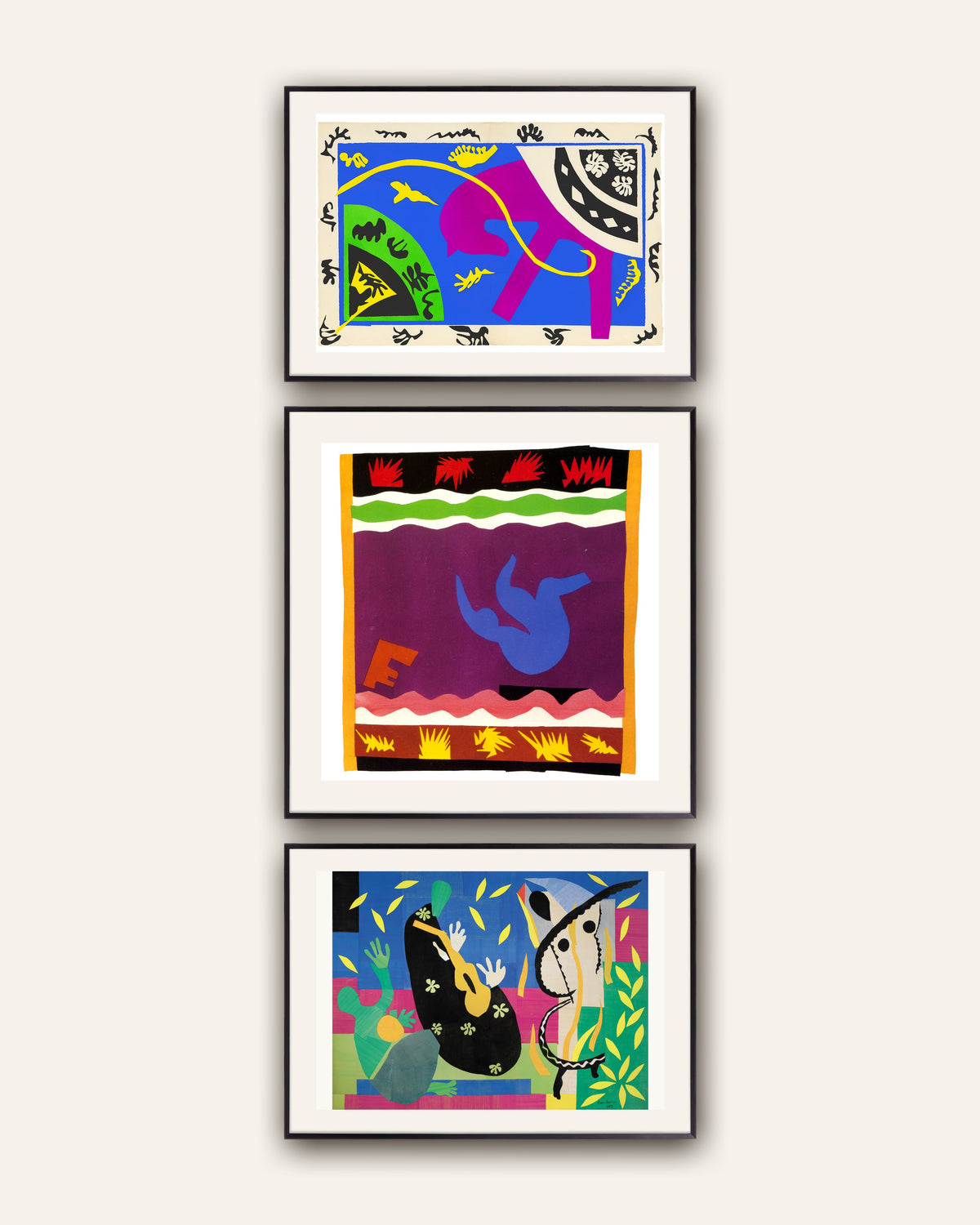 Matisse-plakater, sæt med 3: Hest, rytter og klovn, Kælken, Kongens sorger, i sorte metalrammer