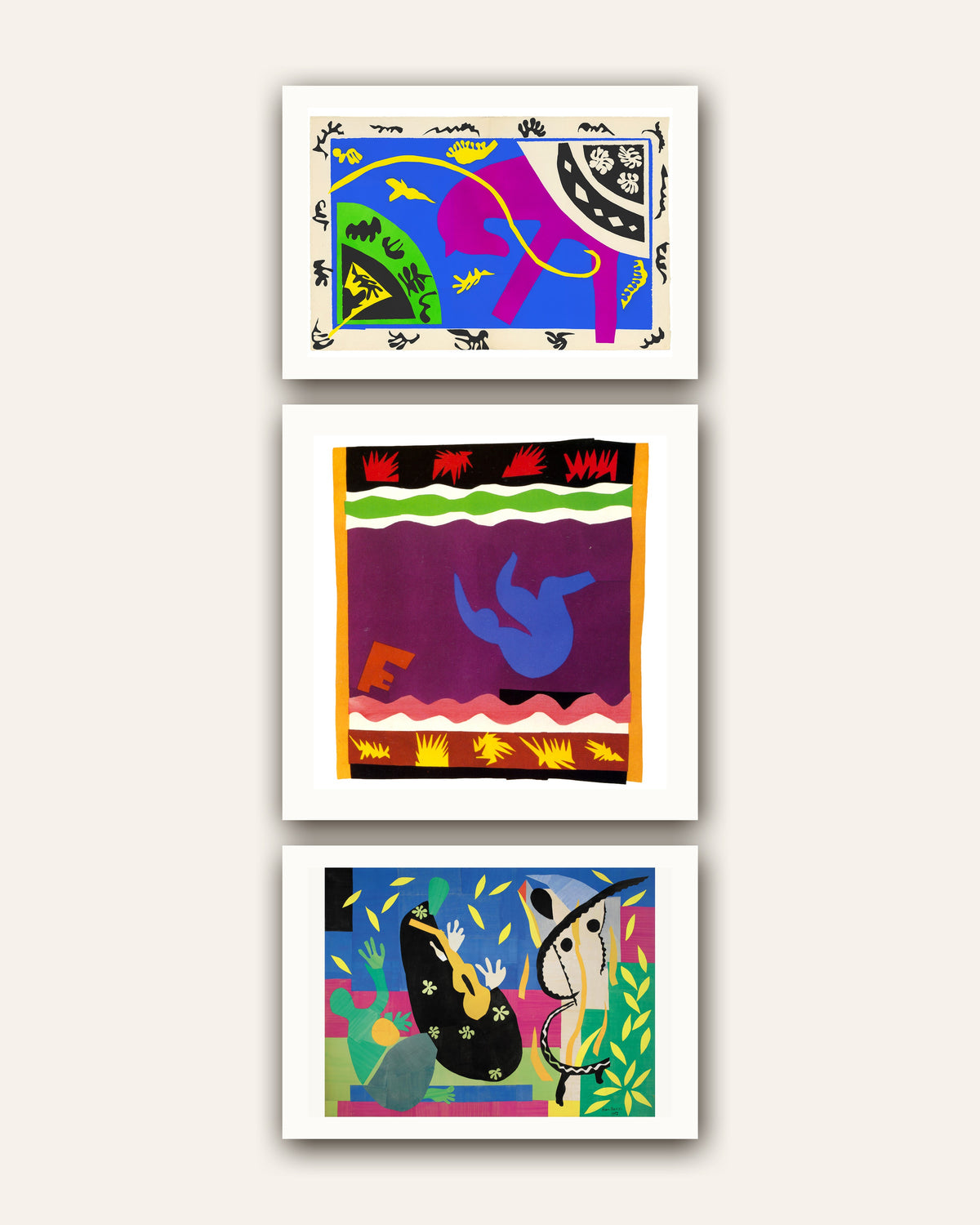 Matisse-plakater, sæt med 3: Hest, rytter og klovn, Kælken, Kongens sorger, uden ramme
