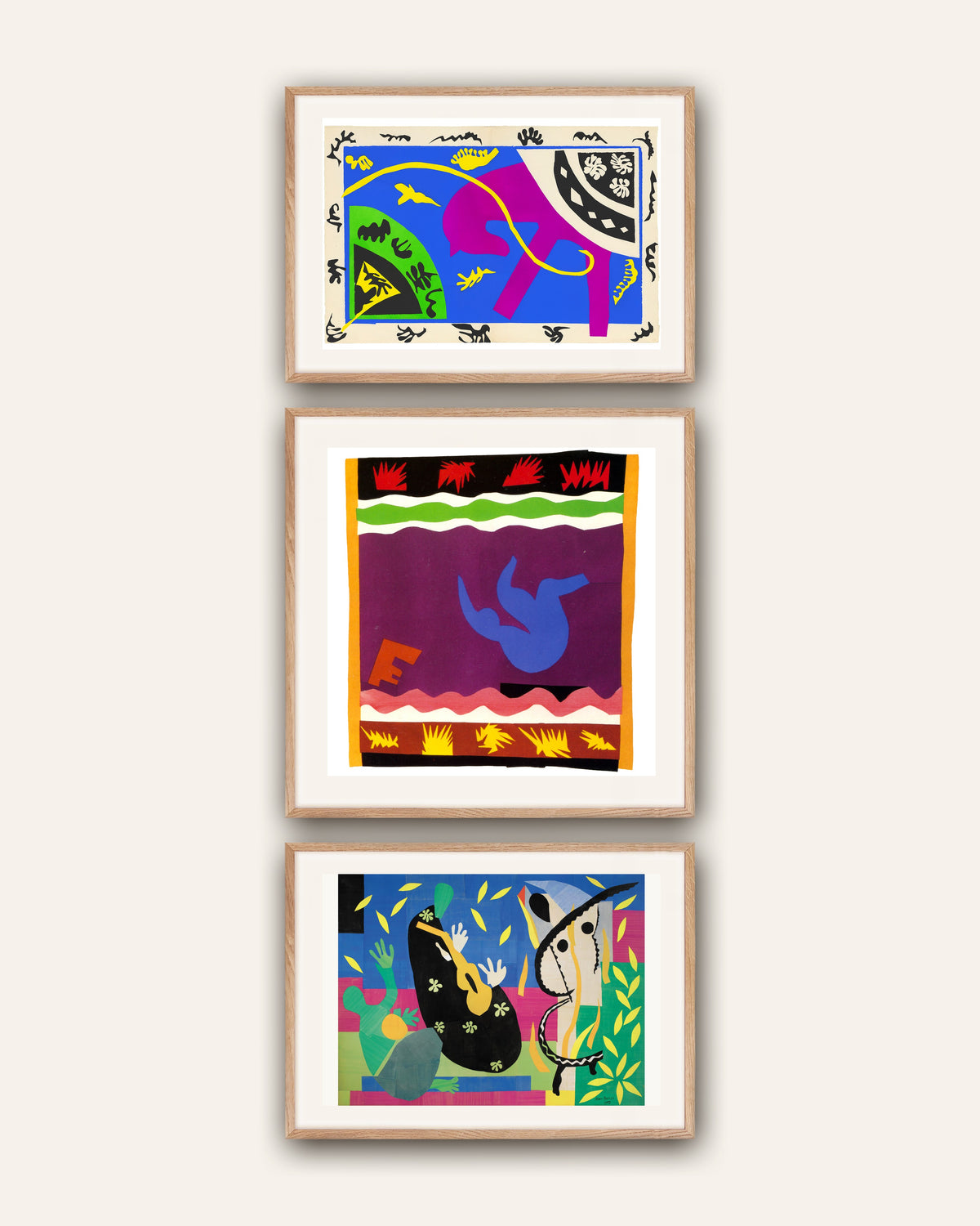 Matisse-plakater, sæt med 3: Hest, rytter og klovn, Kælken, Kongens sorger, i rammer af natureg