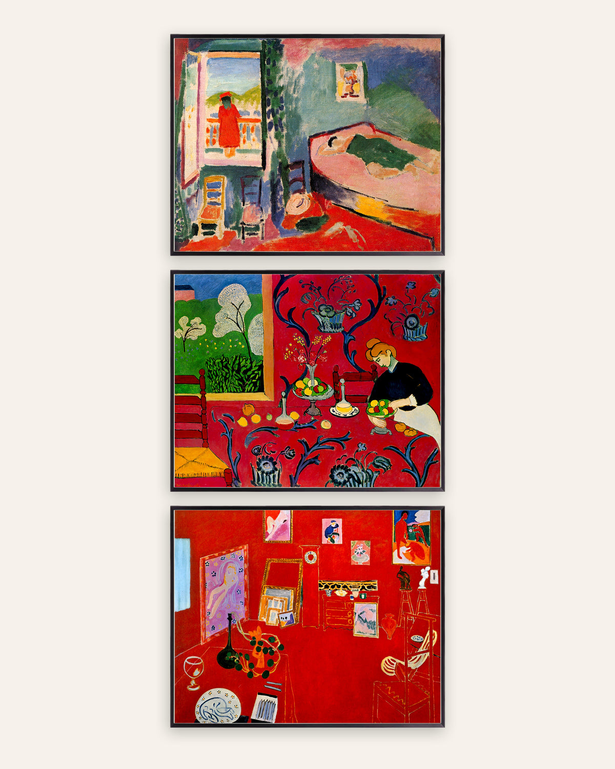 Matisse-plakater, sæt med 3: Interiør i Collioure, Harmoni i rødt og Det røde atelier, i sorte metalrammer