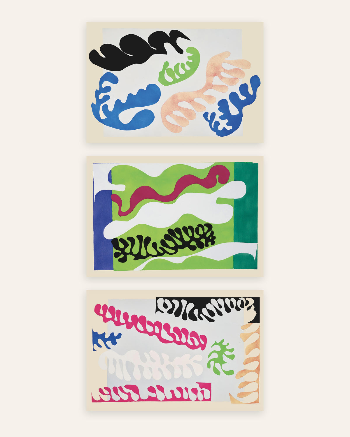 Matisse Jazz-plakater, sæt med 3: Lagunen i blå, grønt og pink, uden ramme