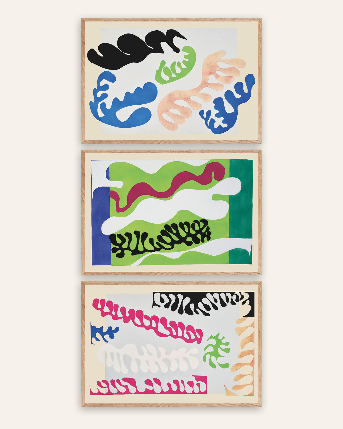 Matisse Jazz-plakater, sæt med 3: Lagunen i blå, grønt og pink, i rammer af natureg