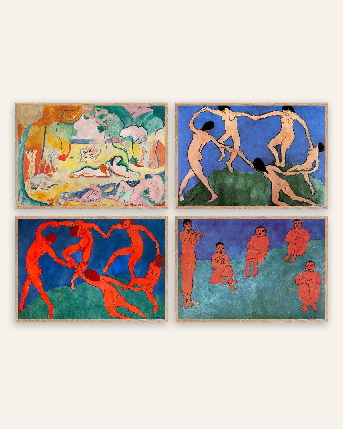Matisse-plakater, sæt med 4: Livsglæden, Dansen I og II og Musik, i rammer af natureg