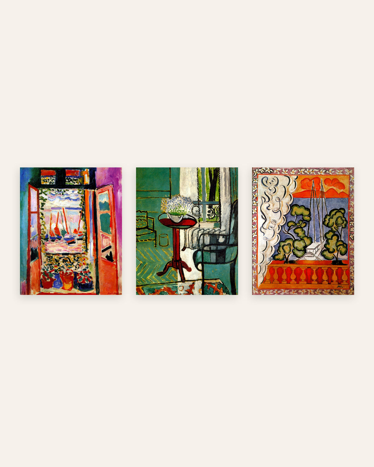 Matisse-plakater, sæt med 3: vinduer i Collioure, med forglemmigej og på Tahiti, uden ramme