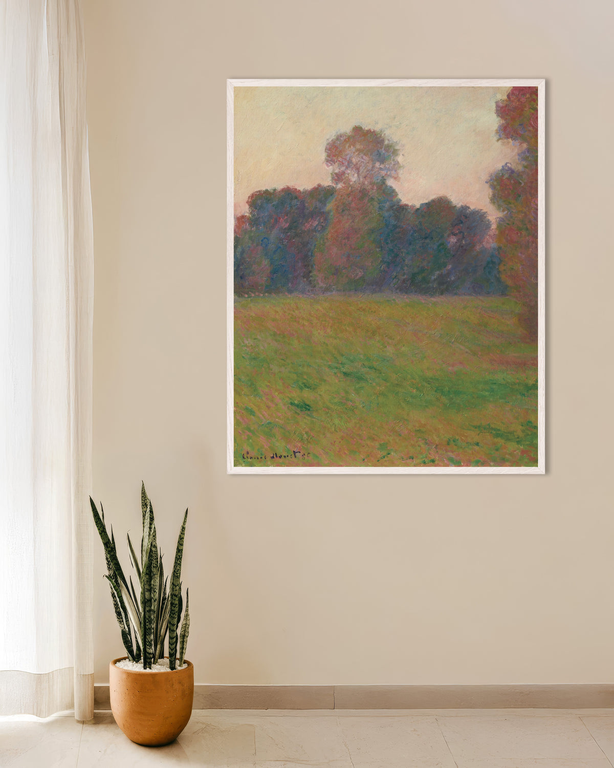Plakat Eng ved Giverny (1886) af Claude Monet med hvid træramme
