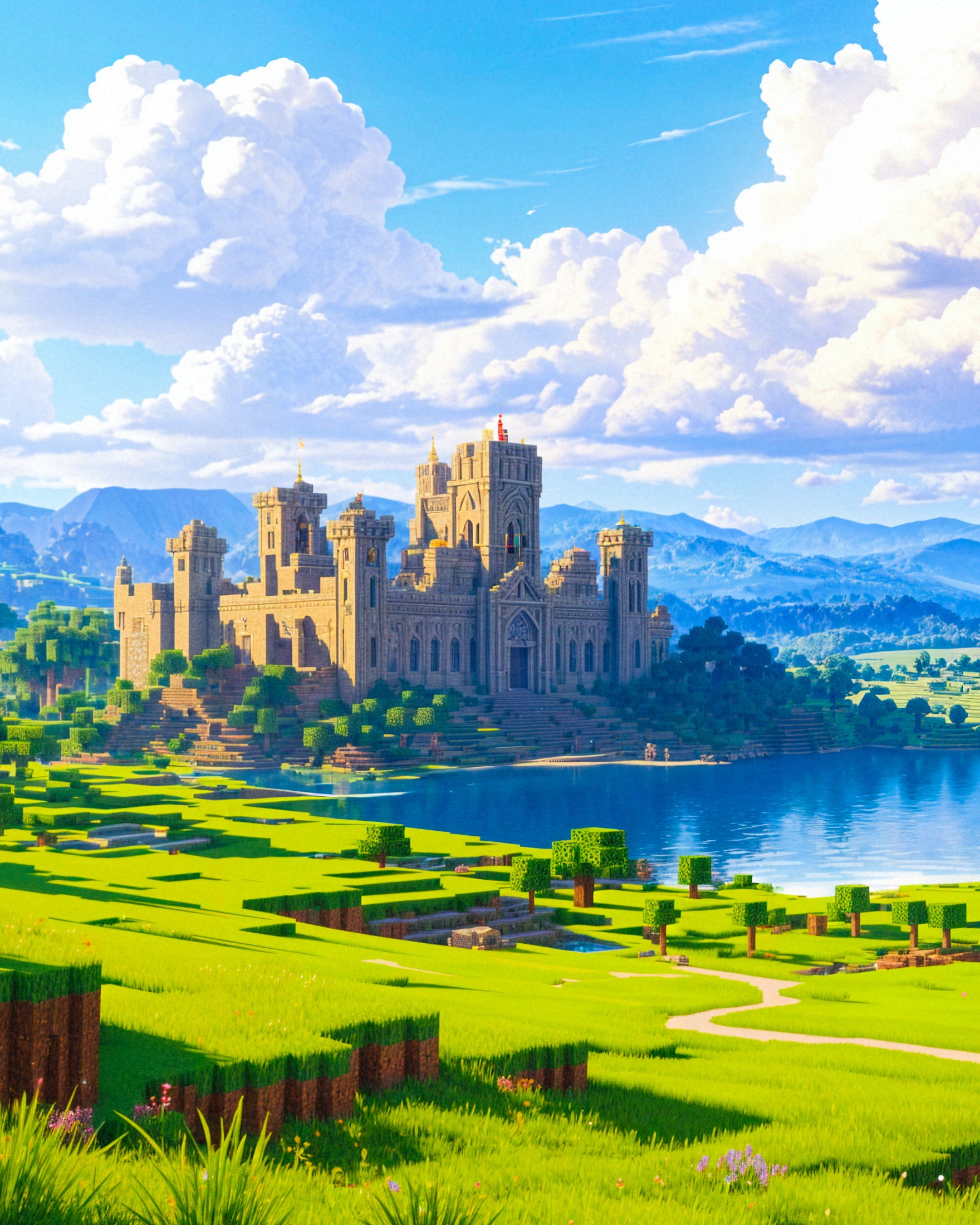 Minecraft, slot og sø - Plakat