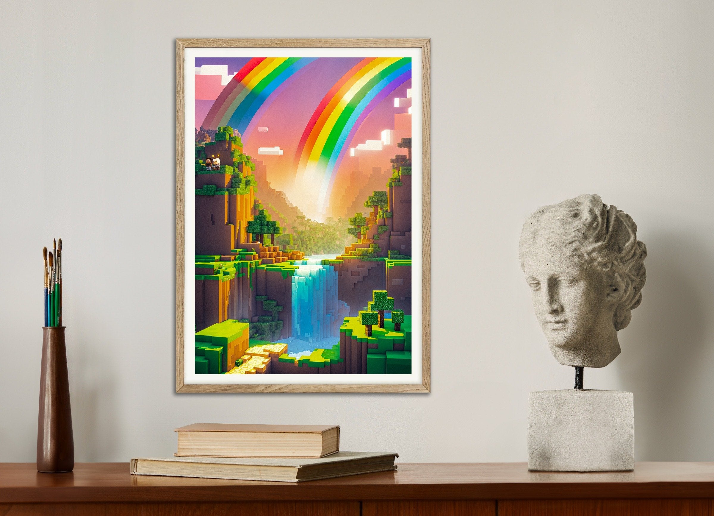 Poster of Minecraft Rainbow Valley - Gaming Poster, with natural wooden frame