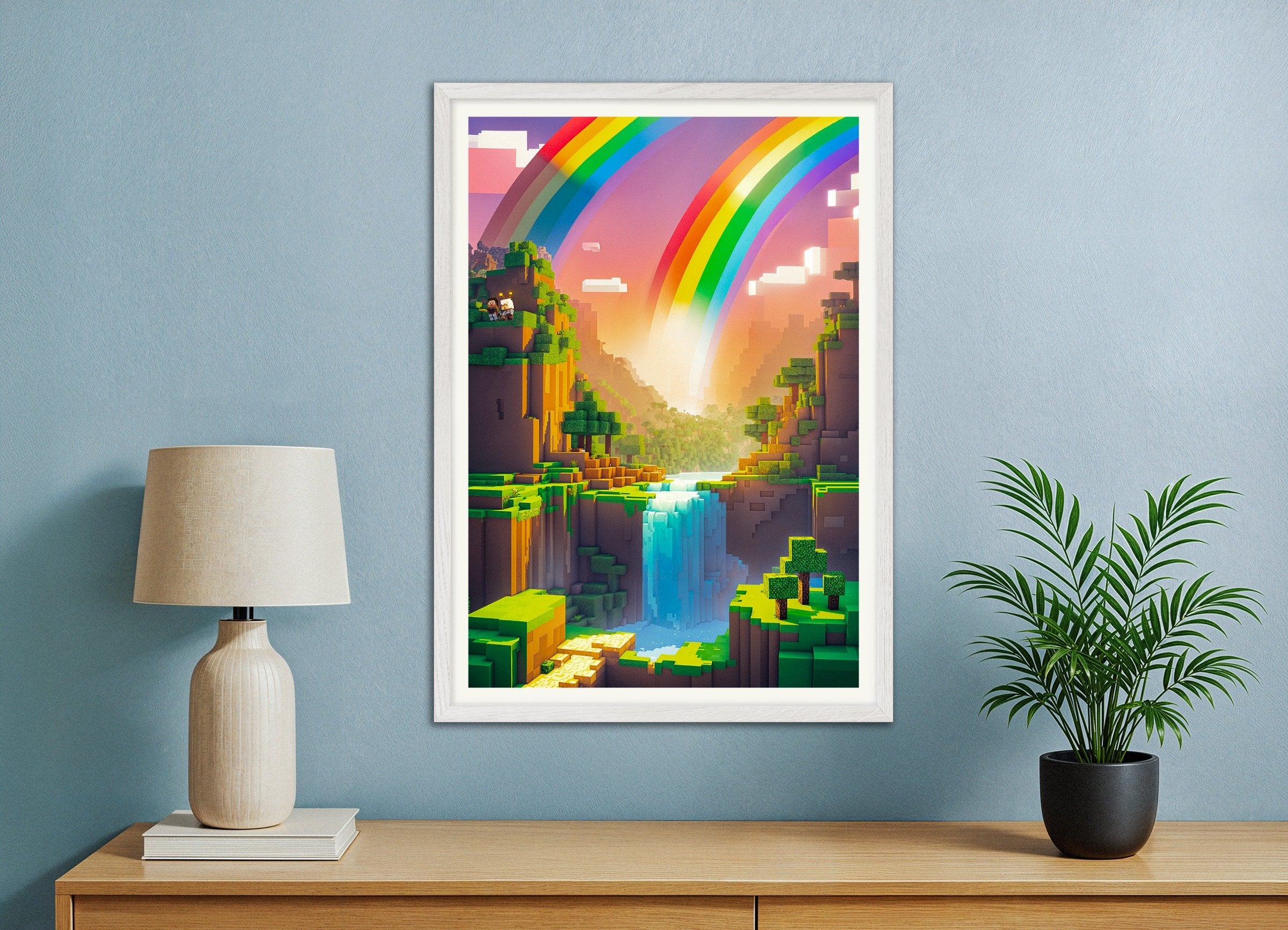 Poster of Minecraft Rainbow Valley - Gaming Poster, with white wooden frame