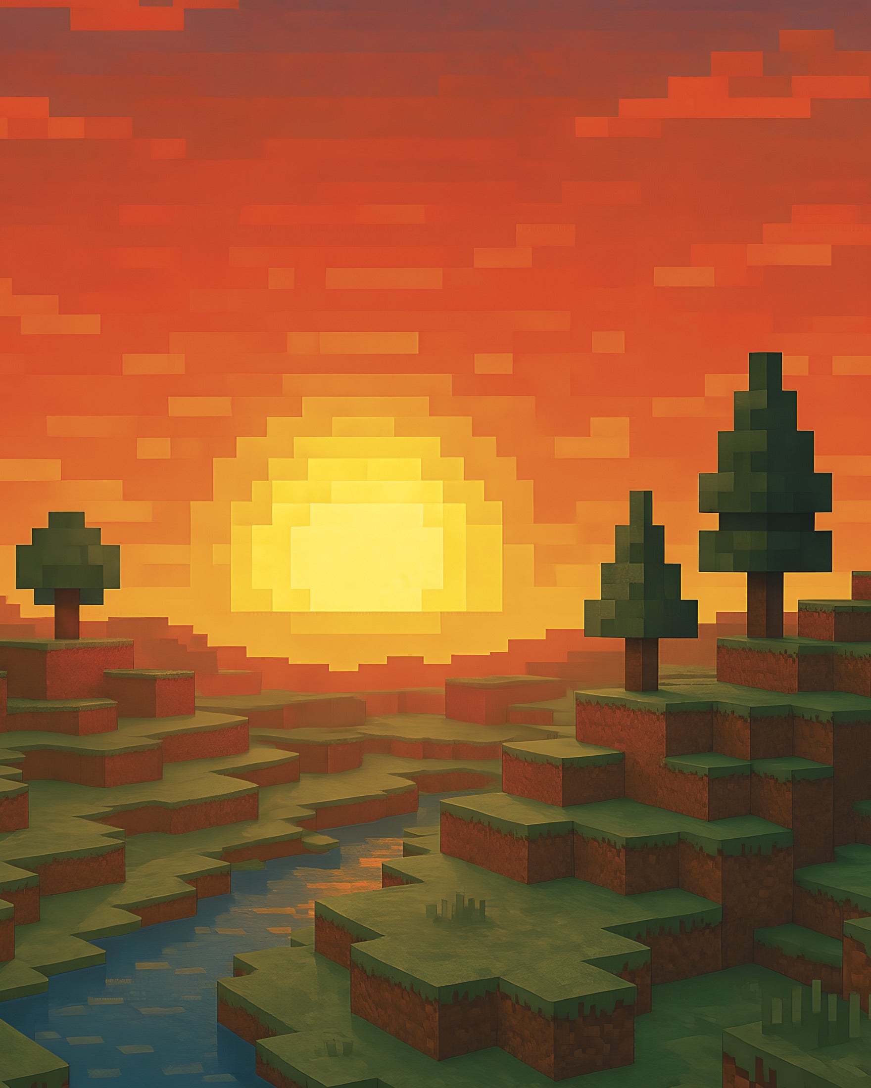 Minecraft Solnedgang – pixel art fanposter med flod og træer