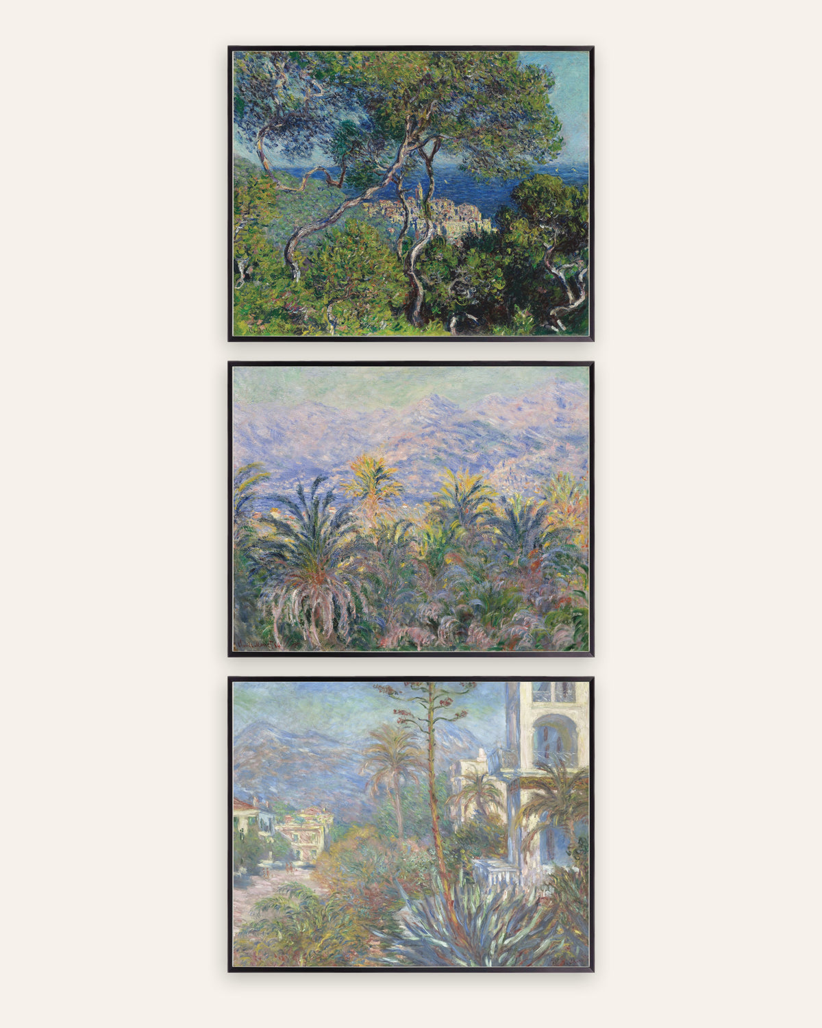 Monet Bordighera plakater, sæt med 3: pinjer, palmer og villaer, i sorte metalrammer