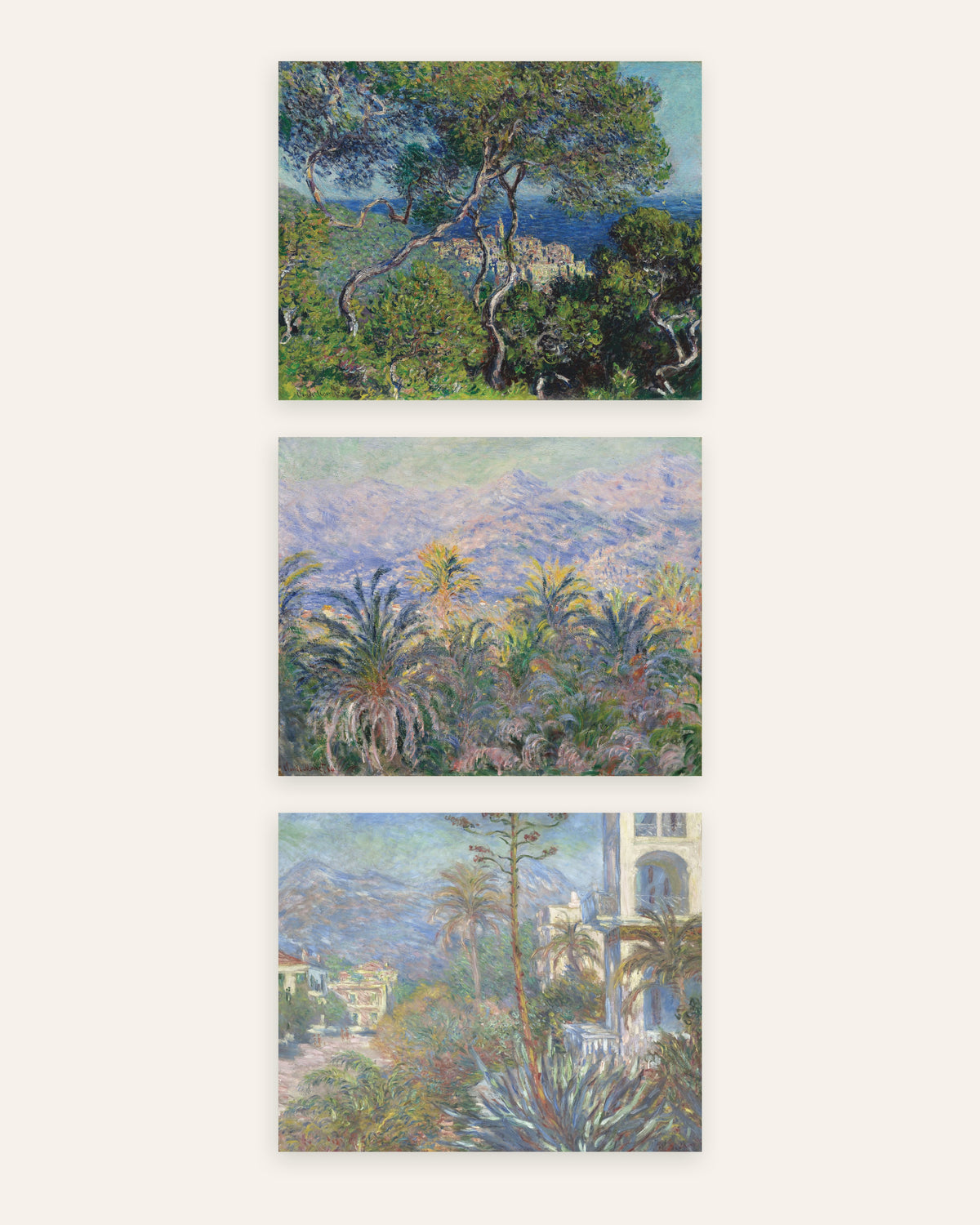 Monet Bordighera plakater, sæt med 3: pinjer, palmer og villaer, uden ramme
