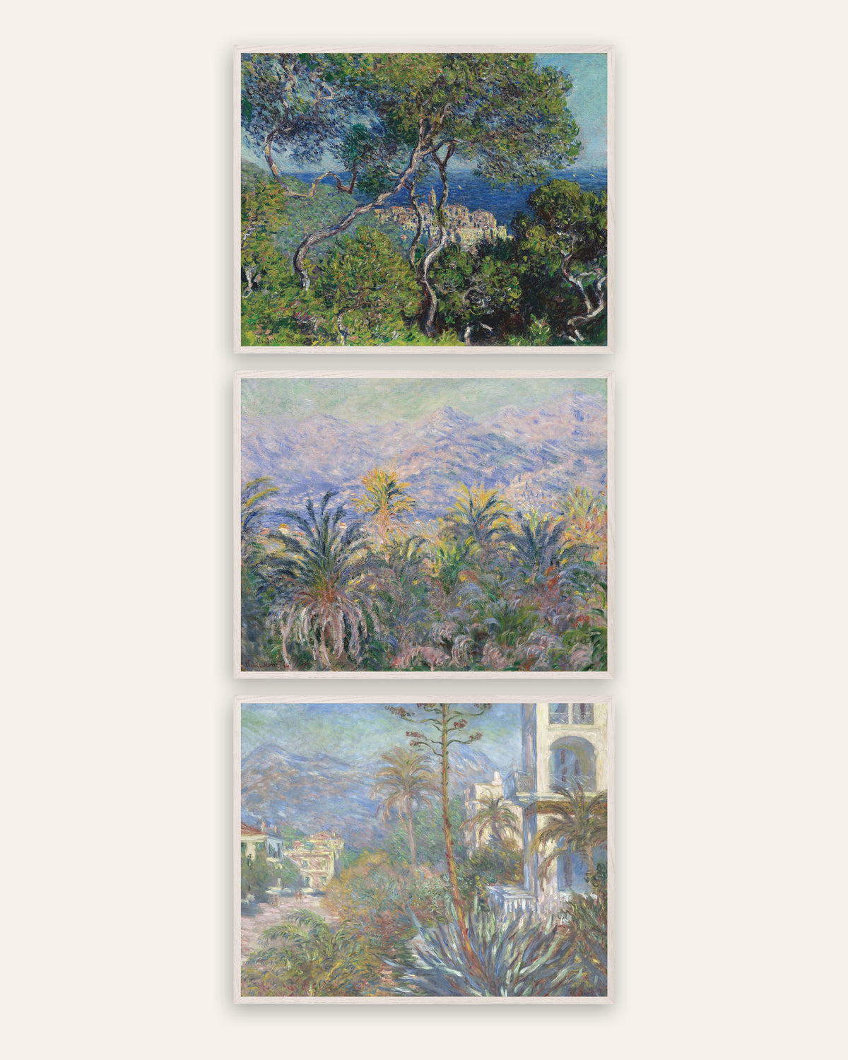 Monet Bordighera plakater, sæt med 3: pinjer, palmer og villaer, i hvide egetræsrammer