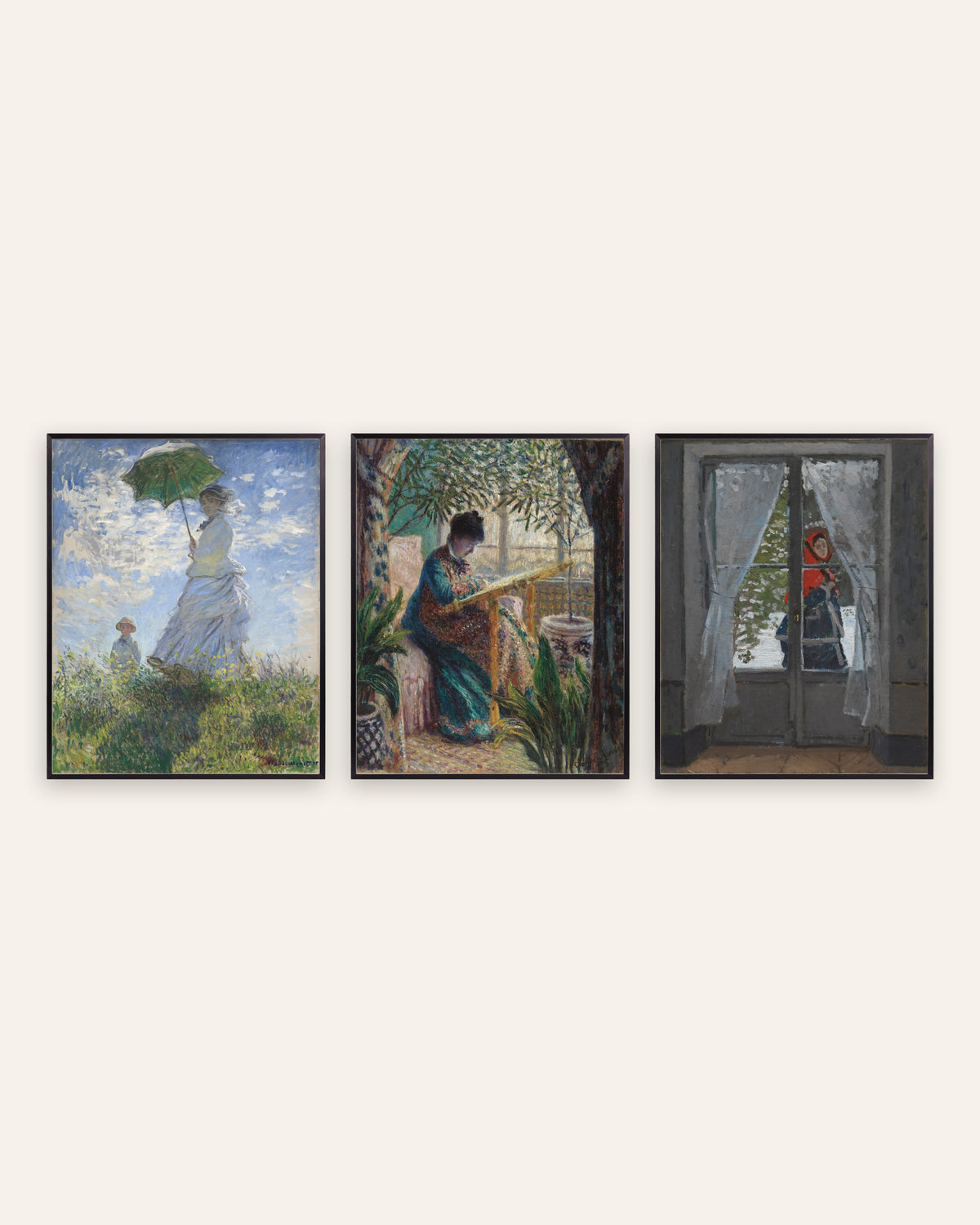 Monet Camille plakater, sæt med 3: Kvinde med parasol og rødt tørklæde, i sorte metalrammer