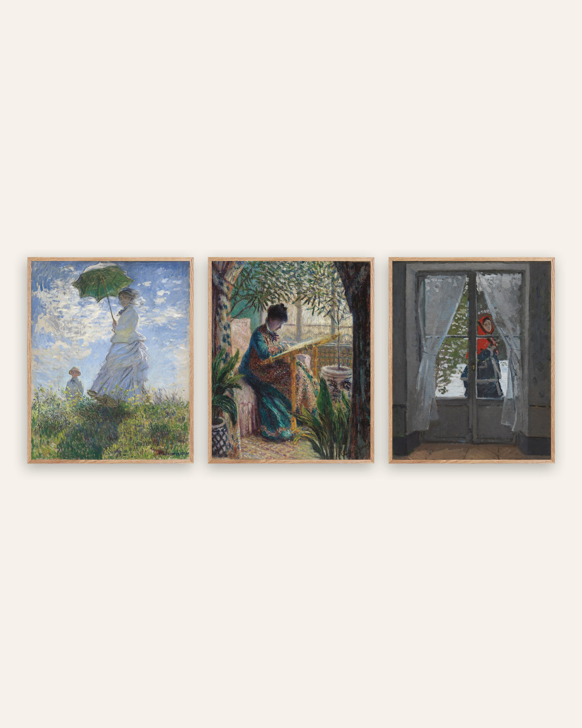 Monet Camille plakater, sæt med 3: Kvinde med parasol og rødt tørklæde, i rammer af natureg