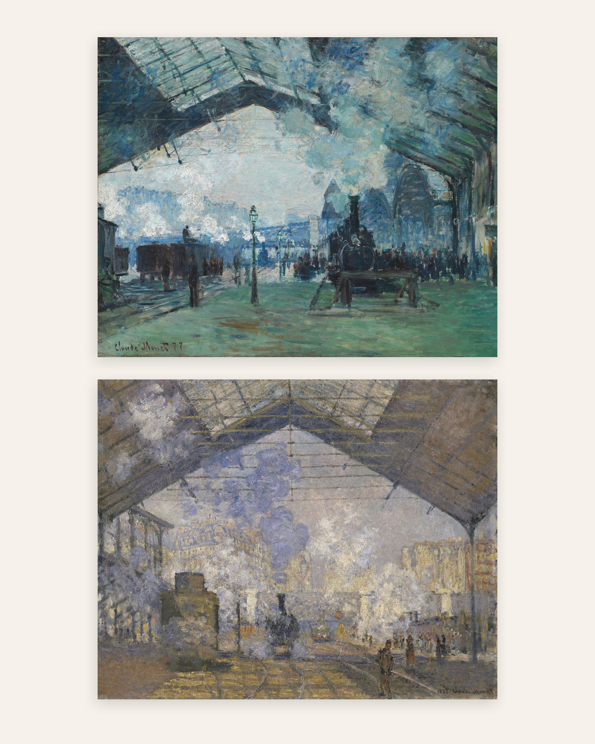 Monet Gare Saint-Lazare plakater, sæt med 2: damp og tog, uden ramme