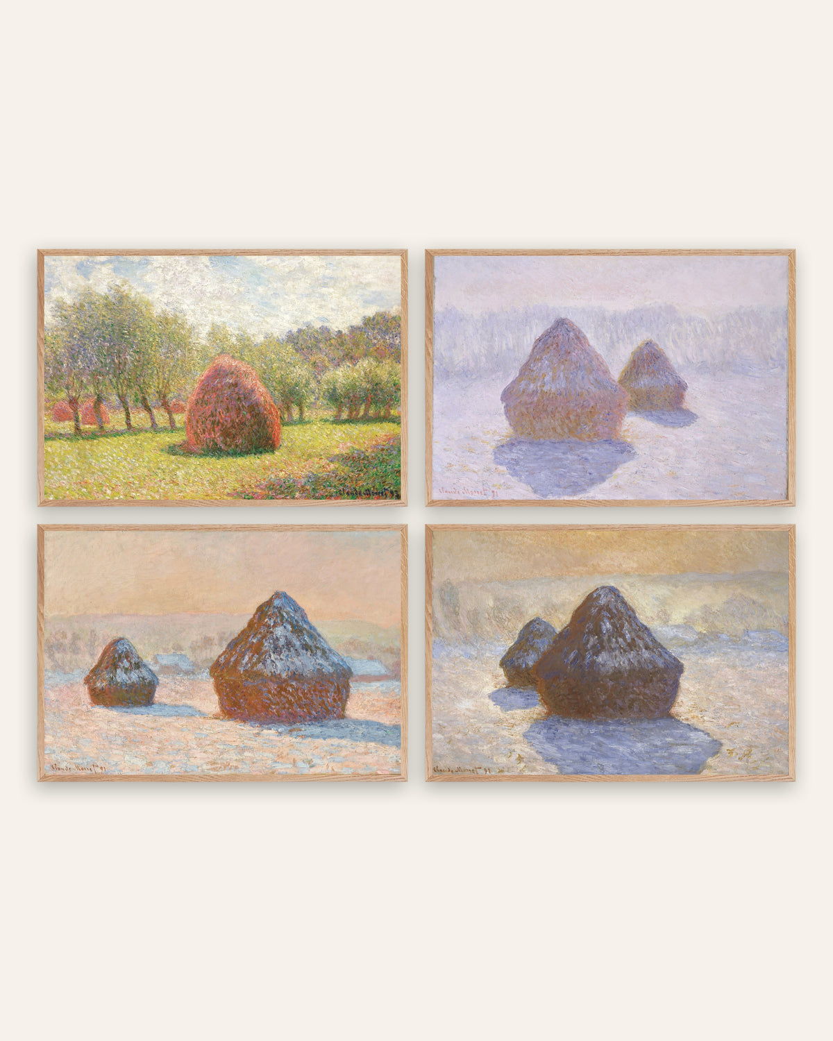Monet Høstakke plakater, sæt med 4: fra sommer til sne, i rammer af natureg