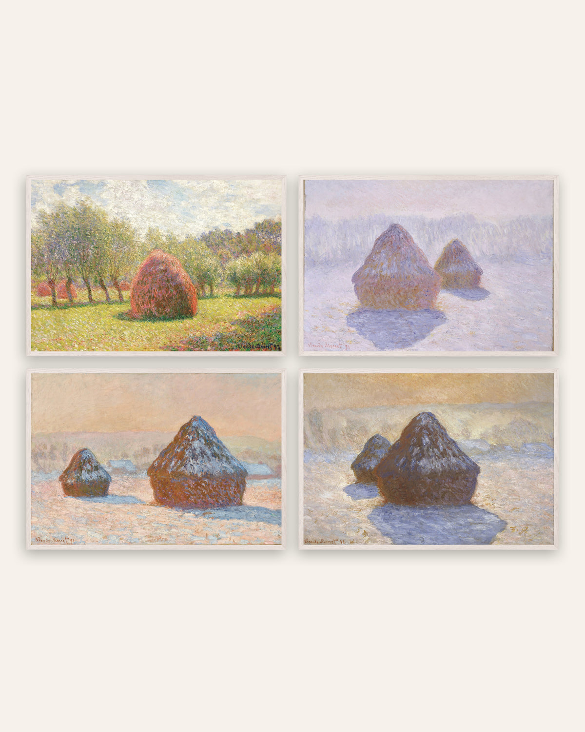 Monet Høstakke plakater, sæt med 4: fra sommer til sne, i hvide egetræsrammer