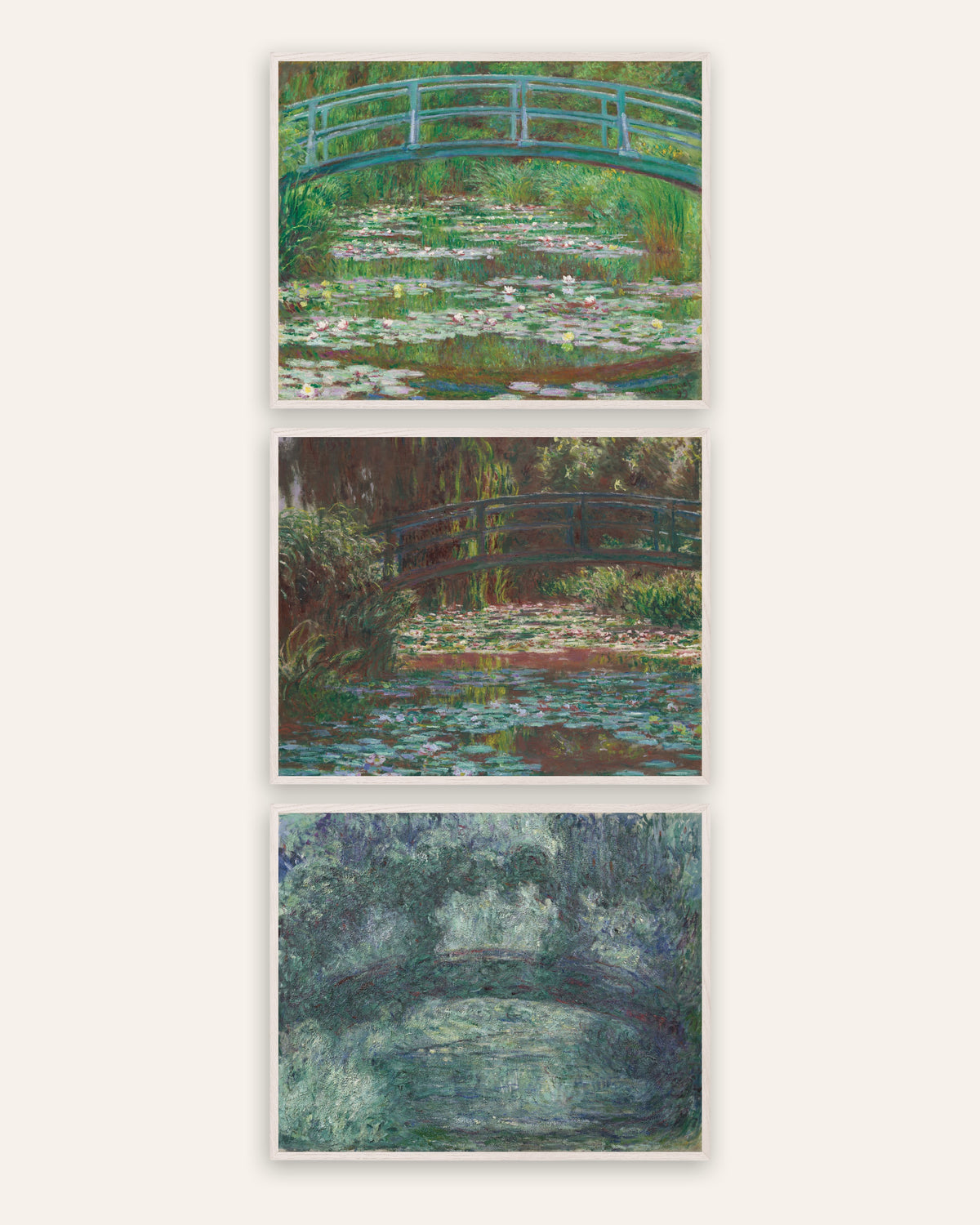 Monet Den japanske bro plakater, sæt med 3: Giverny, 1899 til 1924, i hvide egetræsrammer