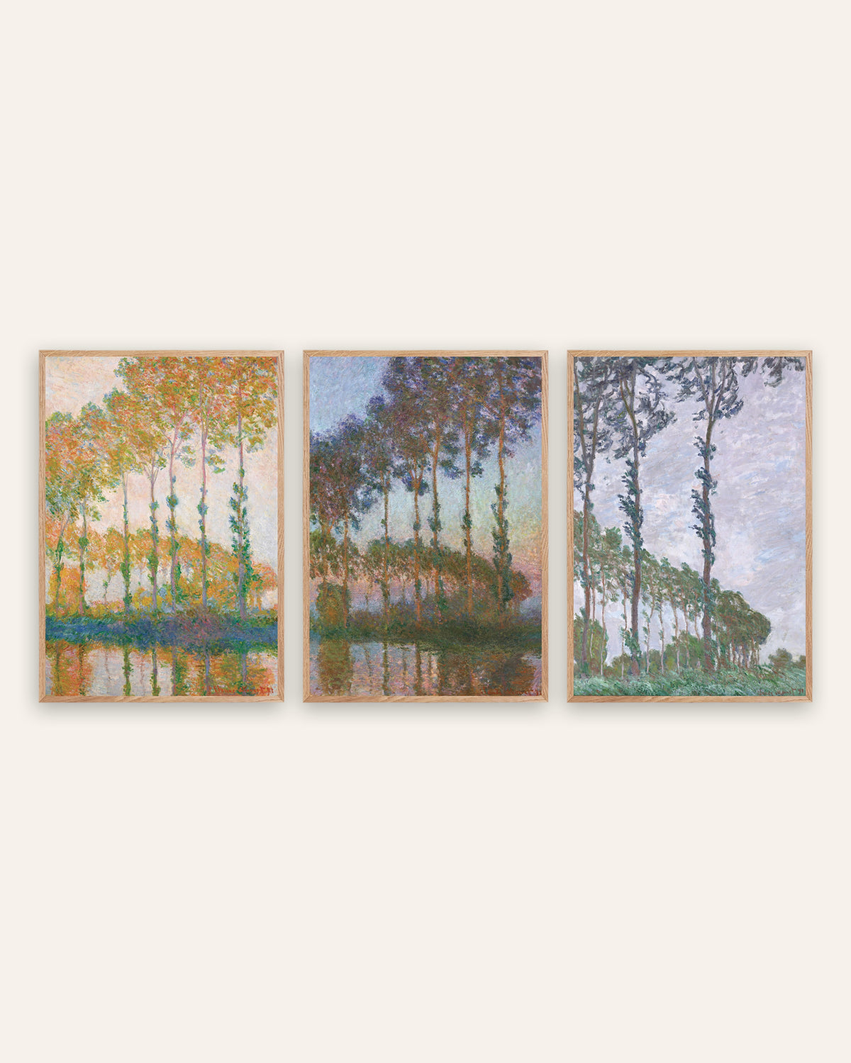 Monet Popler plakater, sæt med 3: efterår, tusmørke og vind, i rammer af natureg