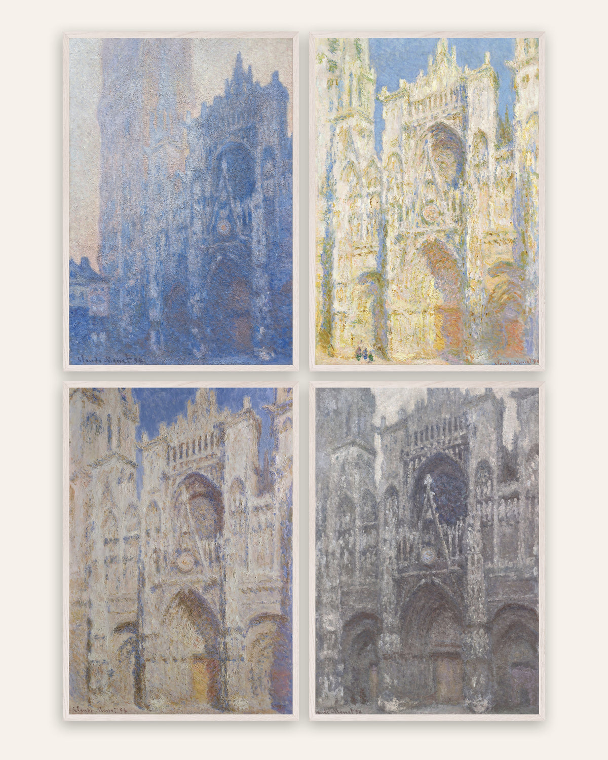 Monet Katedralen i Rouen plakater, sæt med 4: fra morgen til gråvejr, i hvide egetræsrammer
