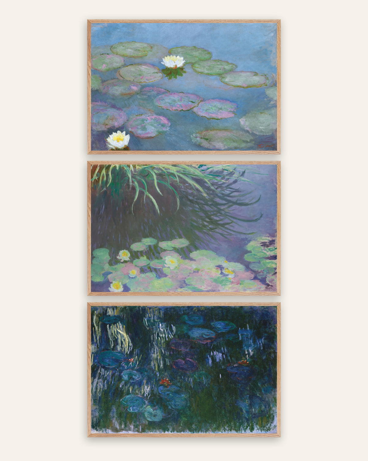 Monet Åkander plakater, sæt med 3: tidlige og sene panoramaer, i rammer af natureg