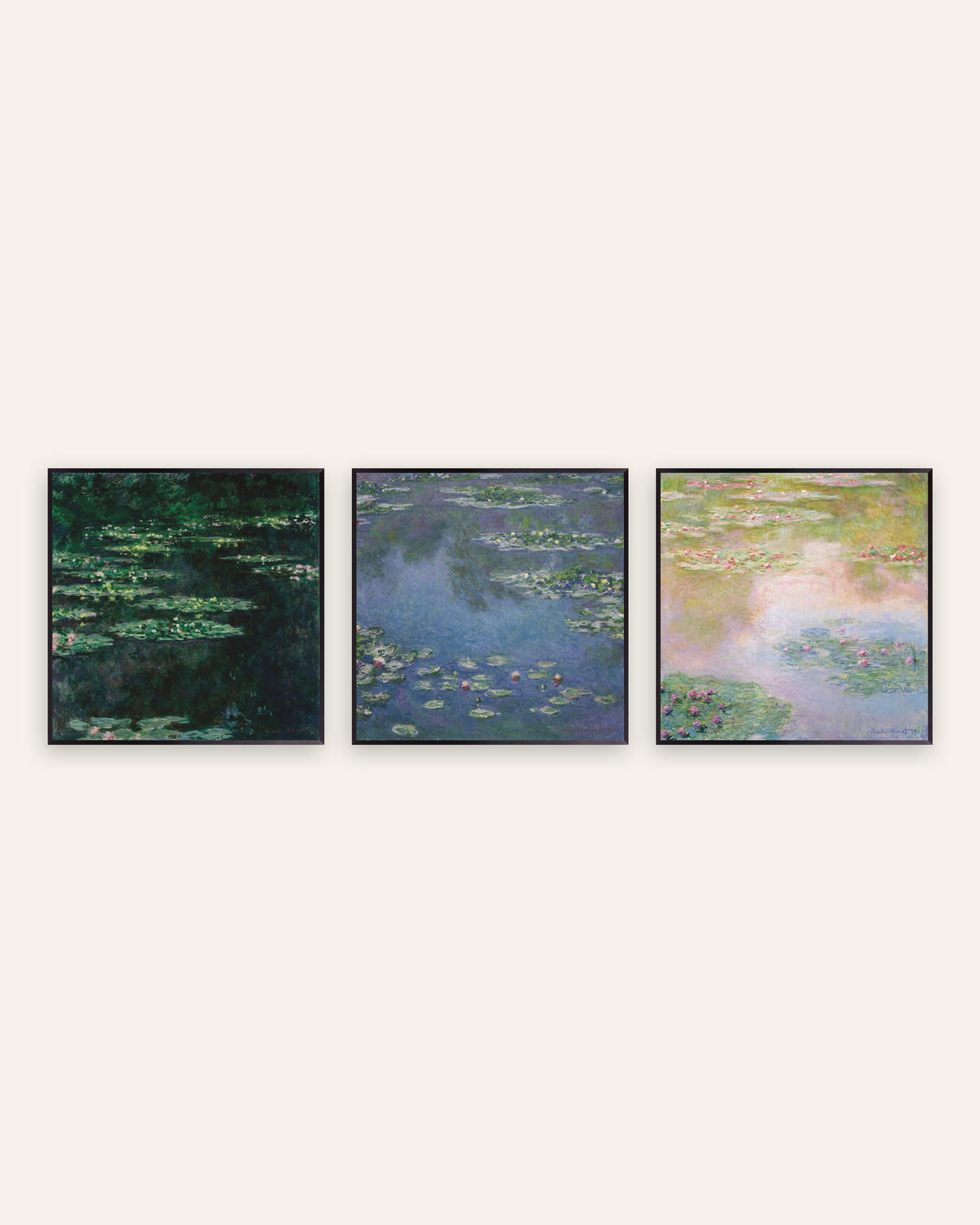 Monet Åkander plakater, sæt med 3: kvadratiske motiver fra dammen, i sorte metalrammer