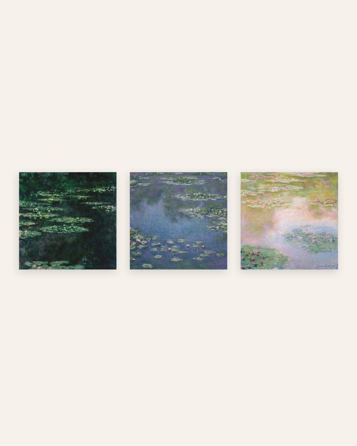 Monet Åkander plakater, sæt med 3: kvadratiske motiver fra dammen, uden ramme