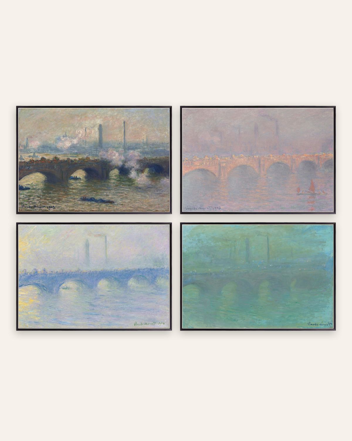 Monet Waterloo Bridge plakater, sæt med 4: grå dag, sol, dis og tusmørke, i sorte metalrammer