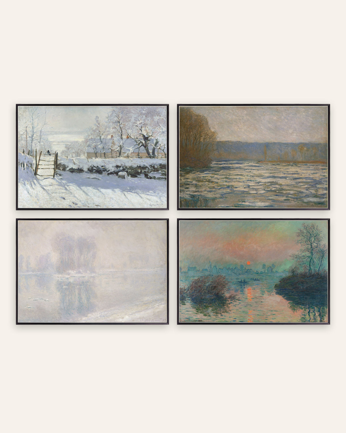 Monet Vinter plakater, sæt med 4: Skaden, is og vintersolnedgang, i sorte metalrammer