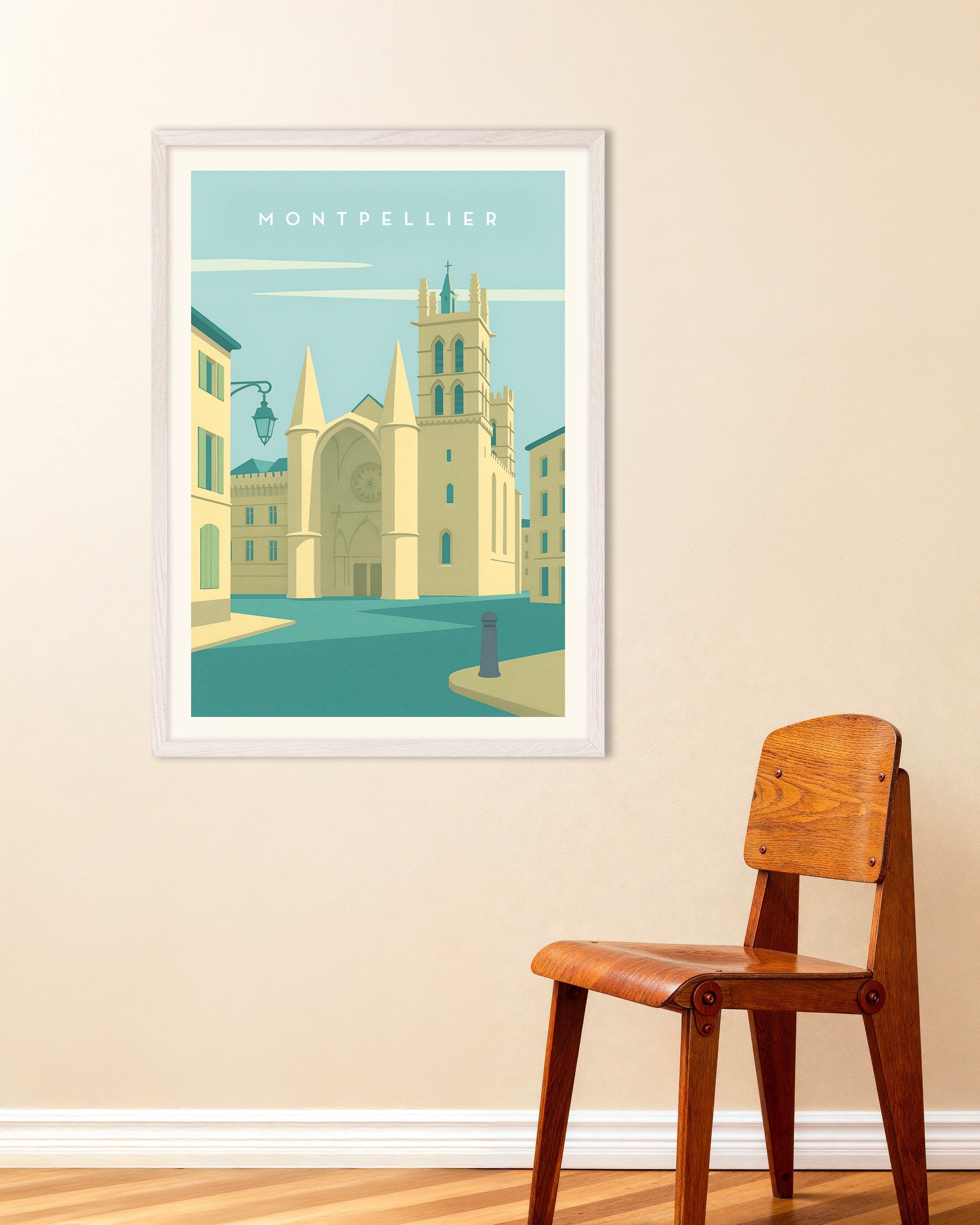 Poster of Montpellier Cathedral Wall Art Print, with white wooden frame