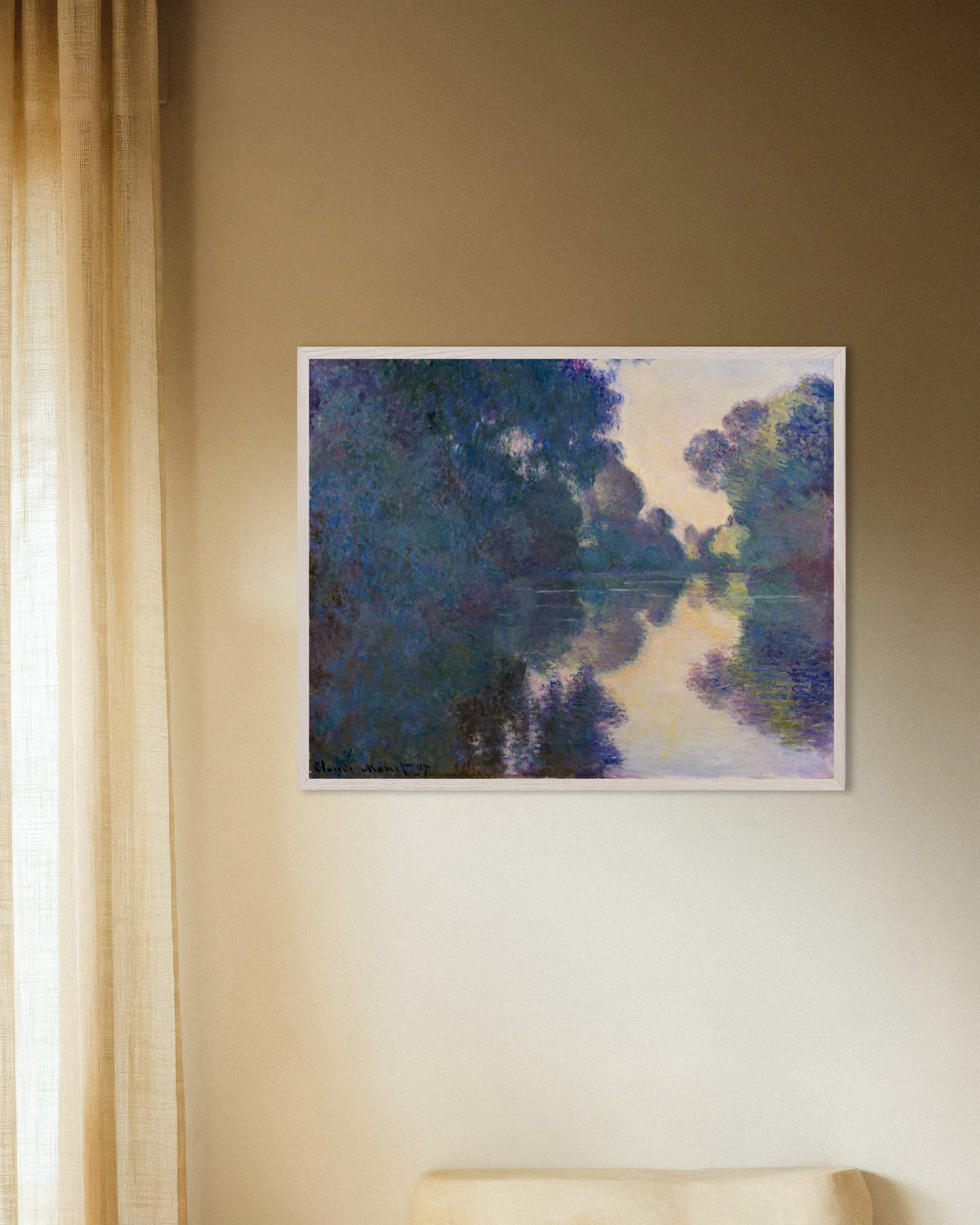 Plakat Morgen på Seinen nær Giverny (1897) af Claude Monet med hvid træramme