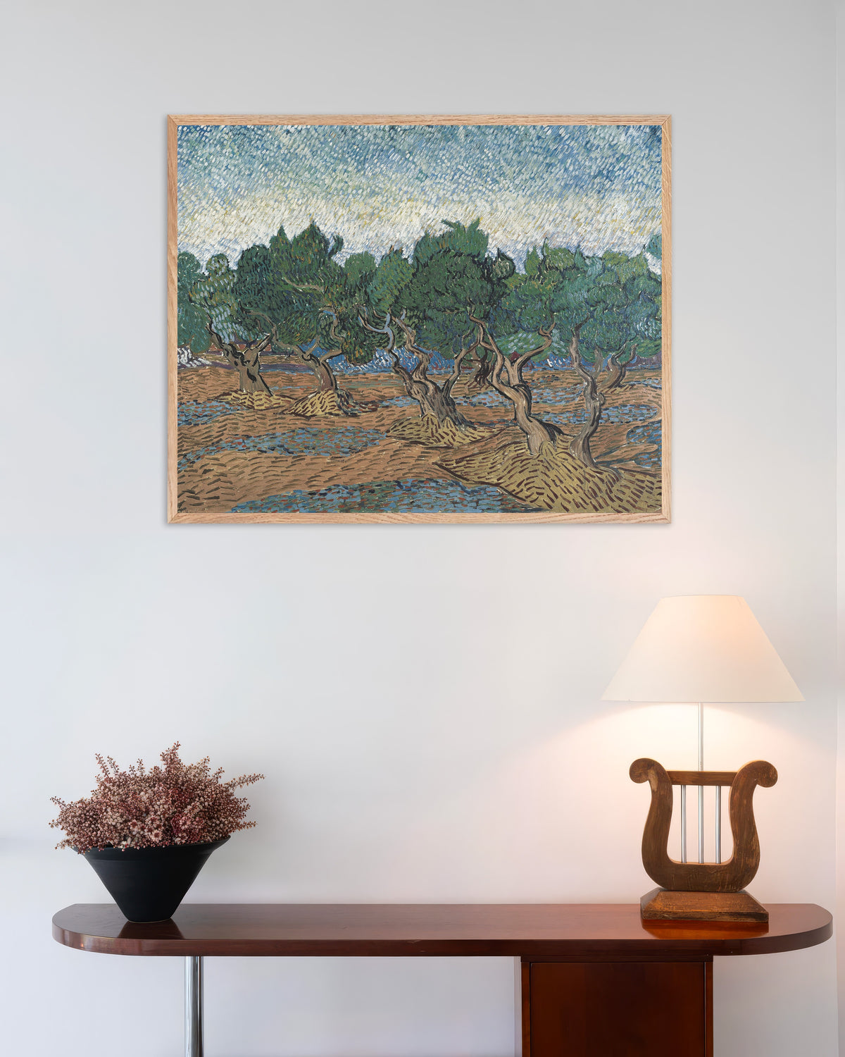 Poster med Olivlund (1889) af Vincent van Gogh, med naturfarvet træramme