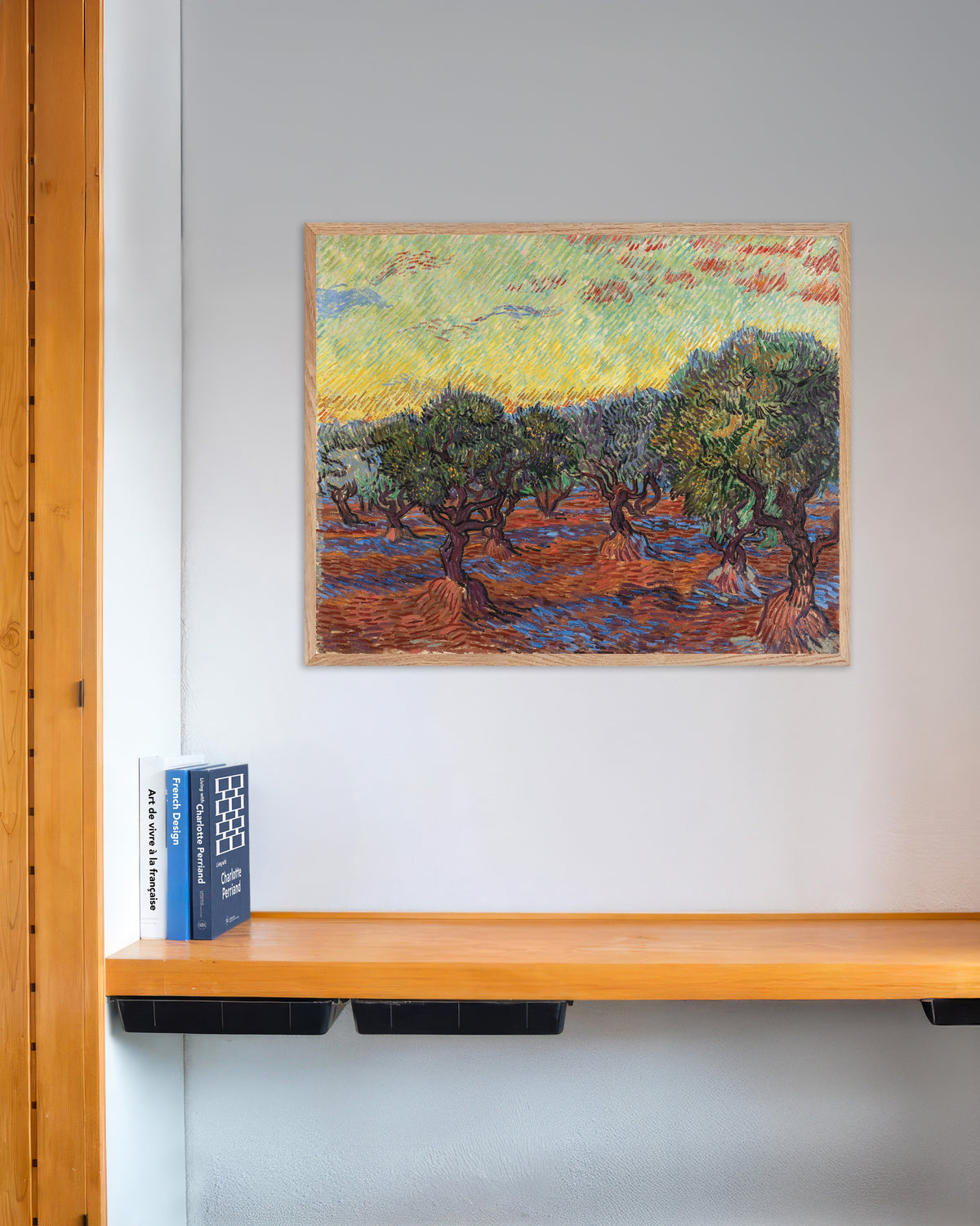 Poster med Oliventræer med orange himmel (1889) af Vincent van Gogh, med ramme af naturtræ