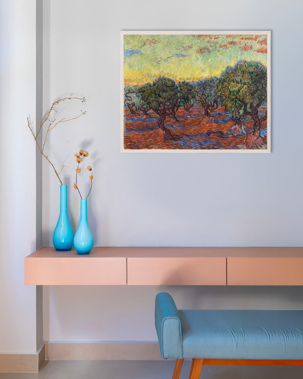 Poster med Oliventræer med orange himmel (1889) af Vincent van Gogh, med hvid træramme