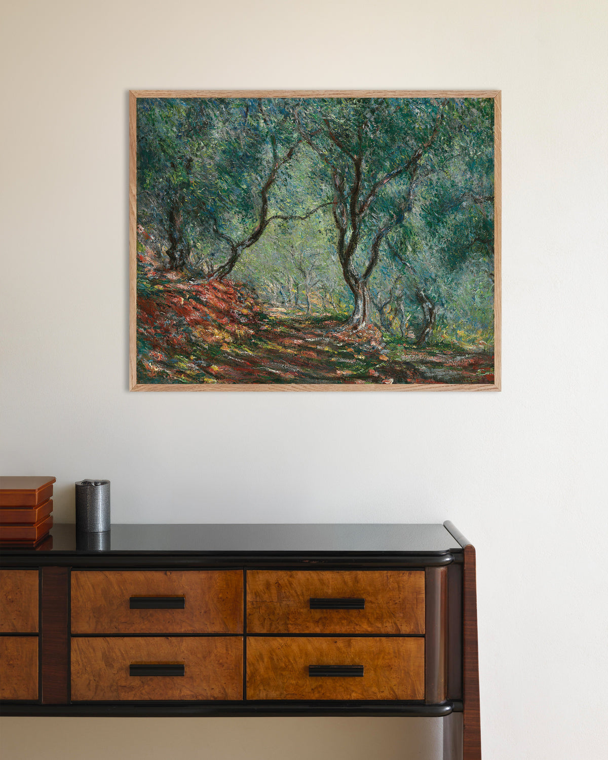 Plakat Olivenlund i Moreno-haven (1884) af Claude Monet med ramme i naturtræ
