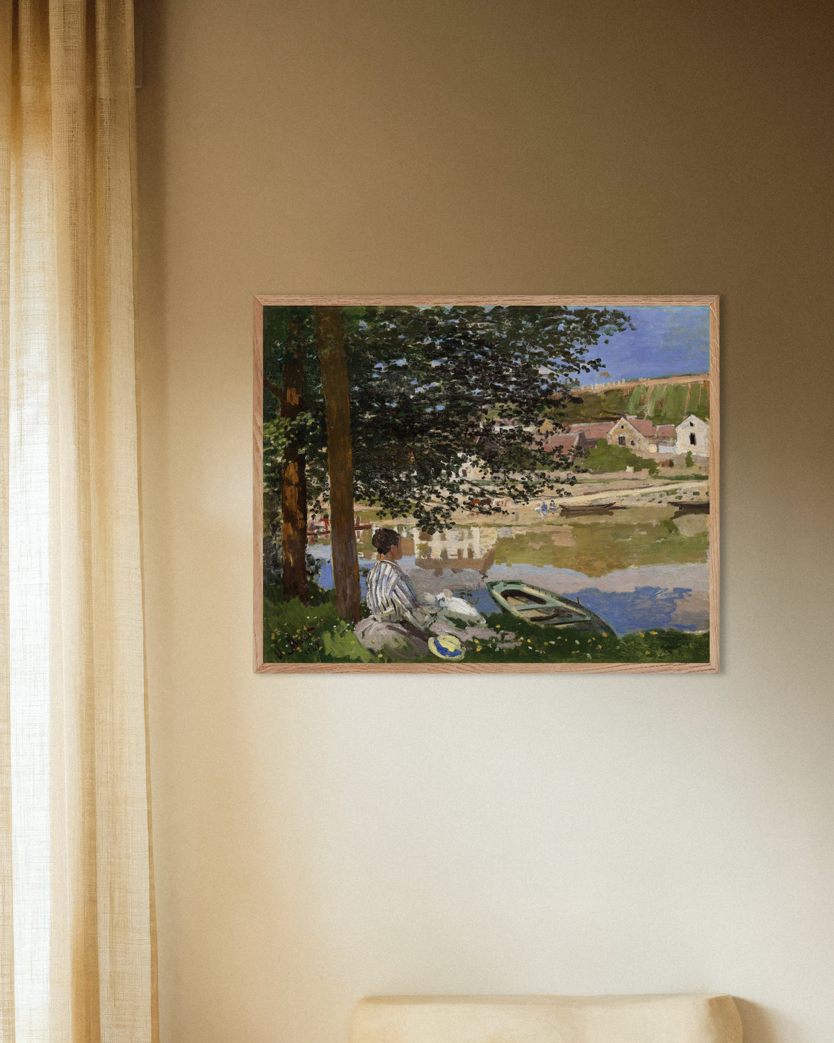 Plakat Ved Seinens bred, Bennecourt (1868) af Claude Monet med ramme i naturtræ