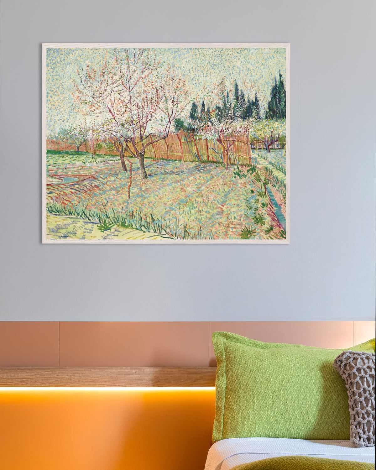 Poster med Frugtplantage omgivet af cypresser (1888) af Vincent van Gogh, med hvid træramme