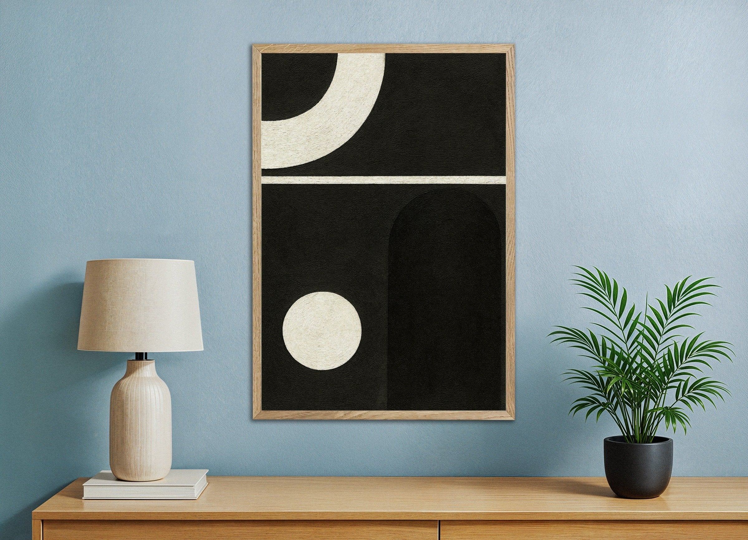 Poster of Order in Black and White – minimalist geometric poster, with natural wooden frame