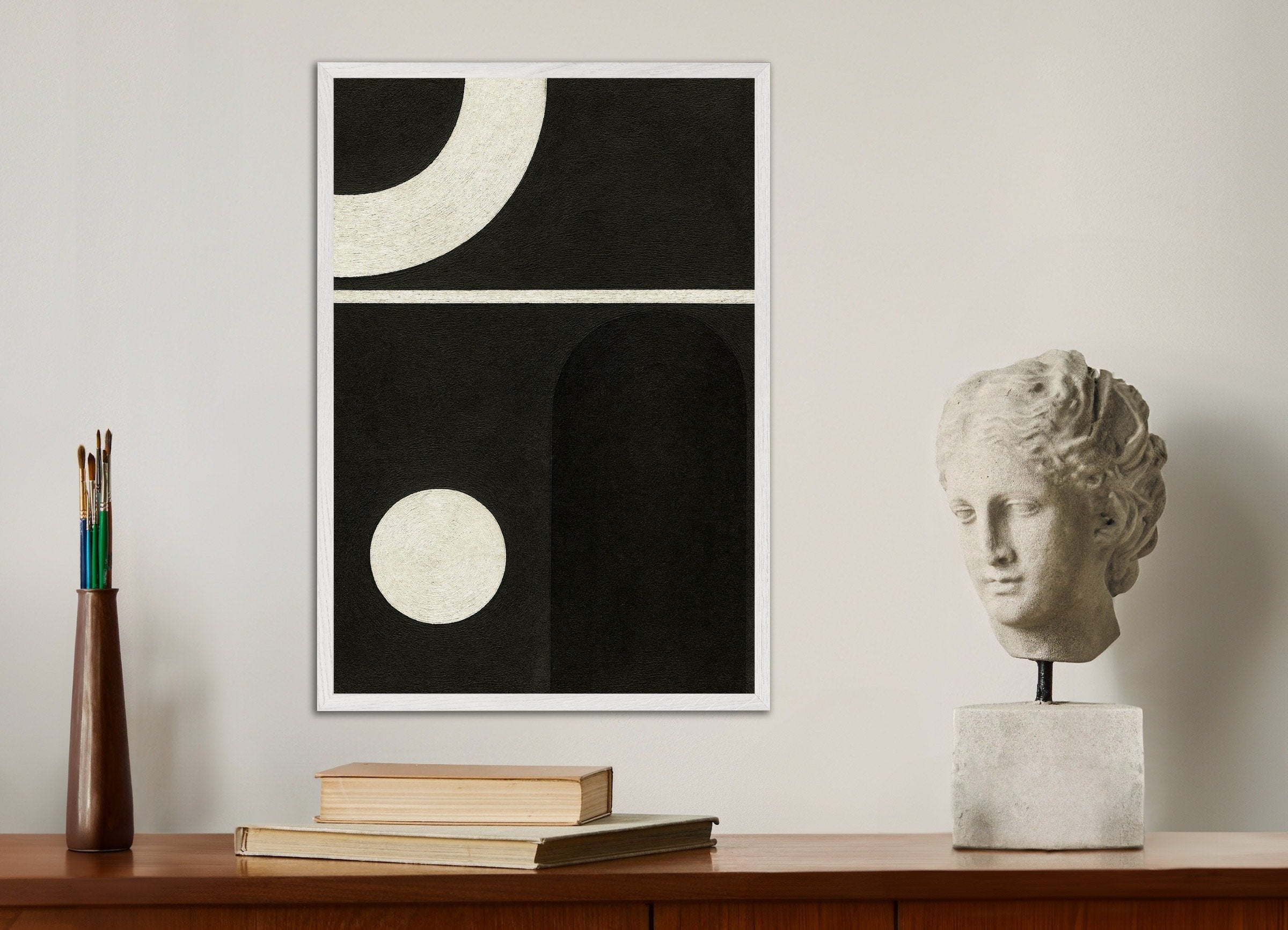 Poster of Order in Black and White – minimalist geometric poster, with white wooden frame