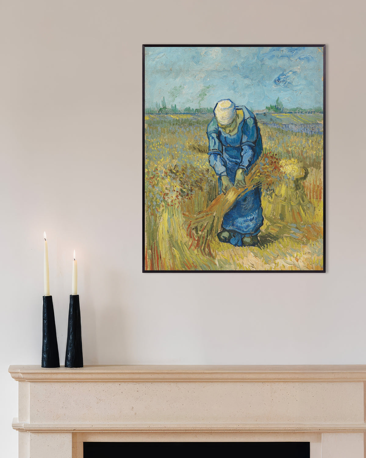 Poster af Bondekvinde, der binder neg, efter Millet (1889) af Vincent van Gogh, med metalramme